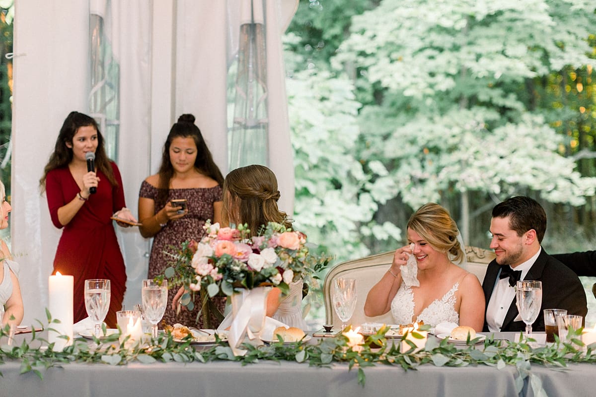 Arielle Peters Photography | Friends giving a speech at wedding reception at The Morris Estate in Niles, Michigan on wedding day.  