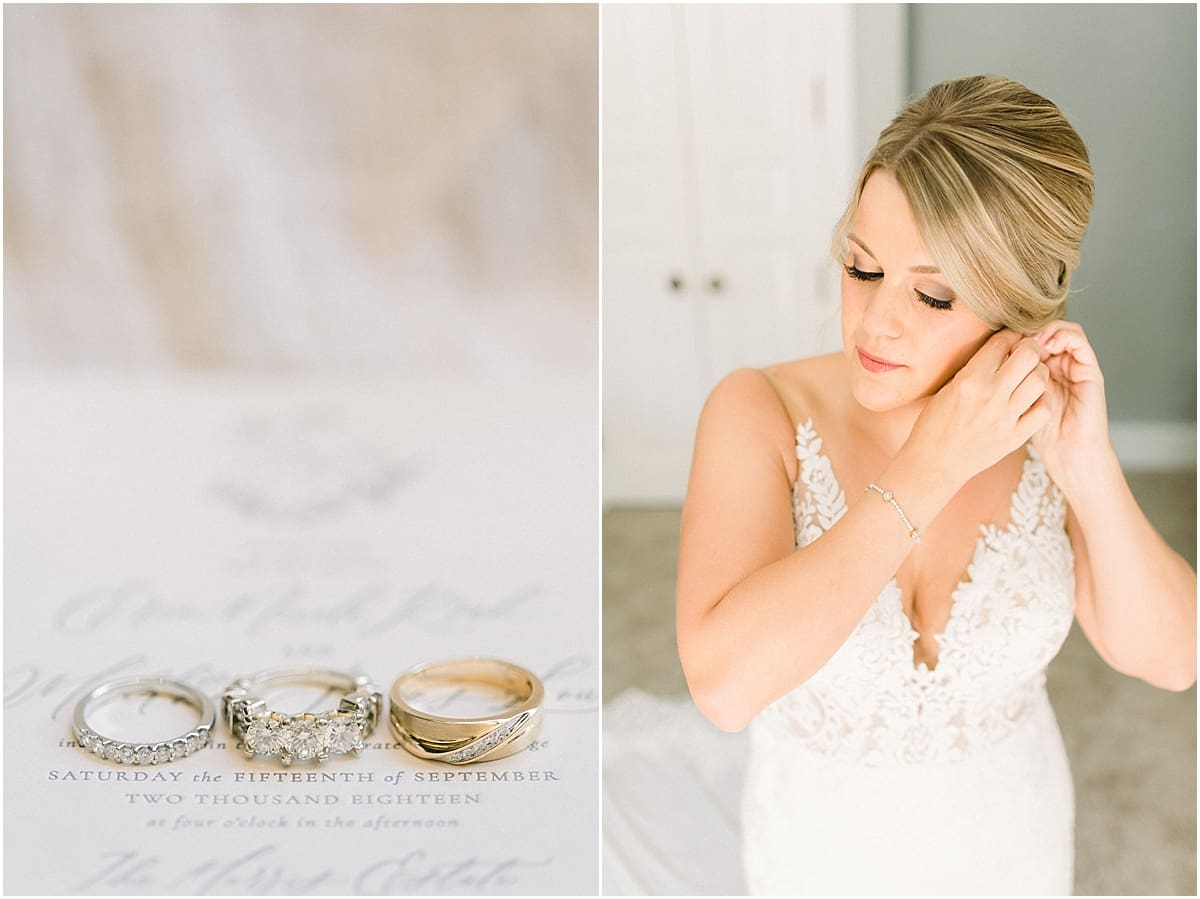 Arielle Peters Photography | Bride putting on her wedding day jewelry at The Morris Estate in Niles, Michigan on wedding day. 