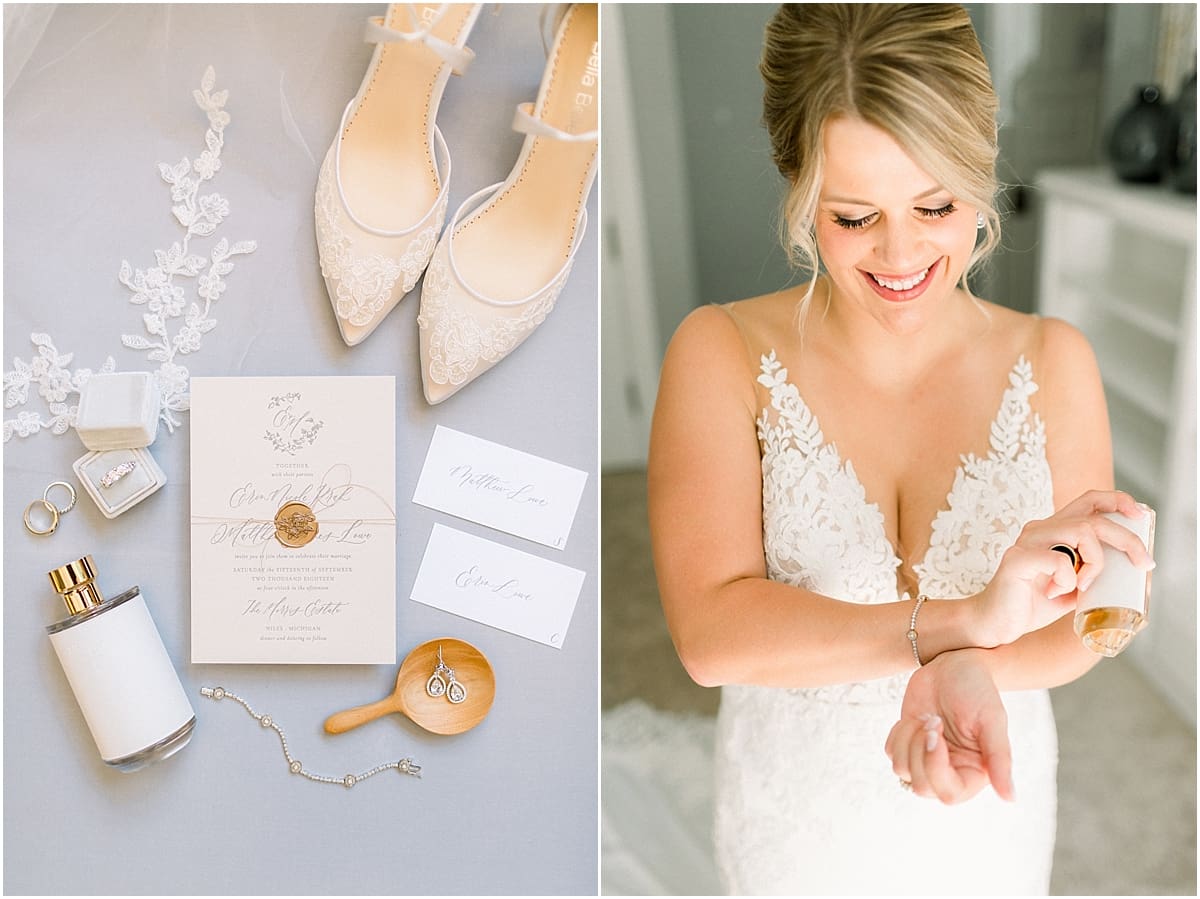 Arielle Peters Photography | Bride putting on her wedding day perfume and details at The Morris Estate in Niles, Michigan on wedding day. 