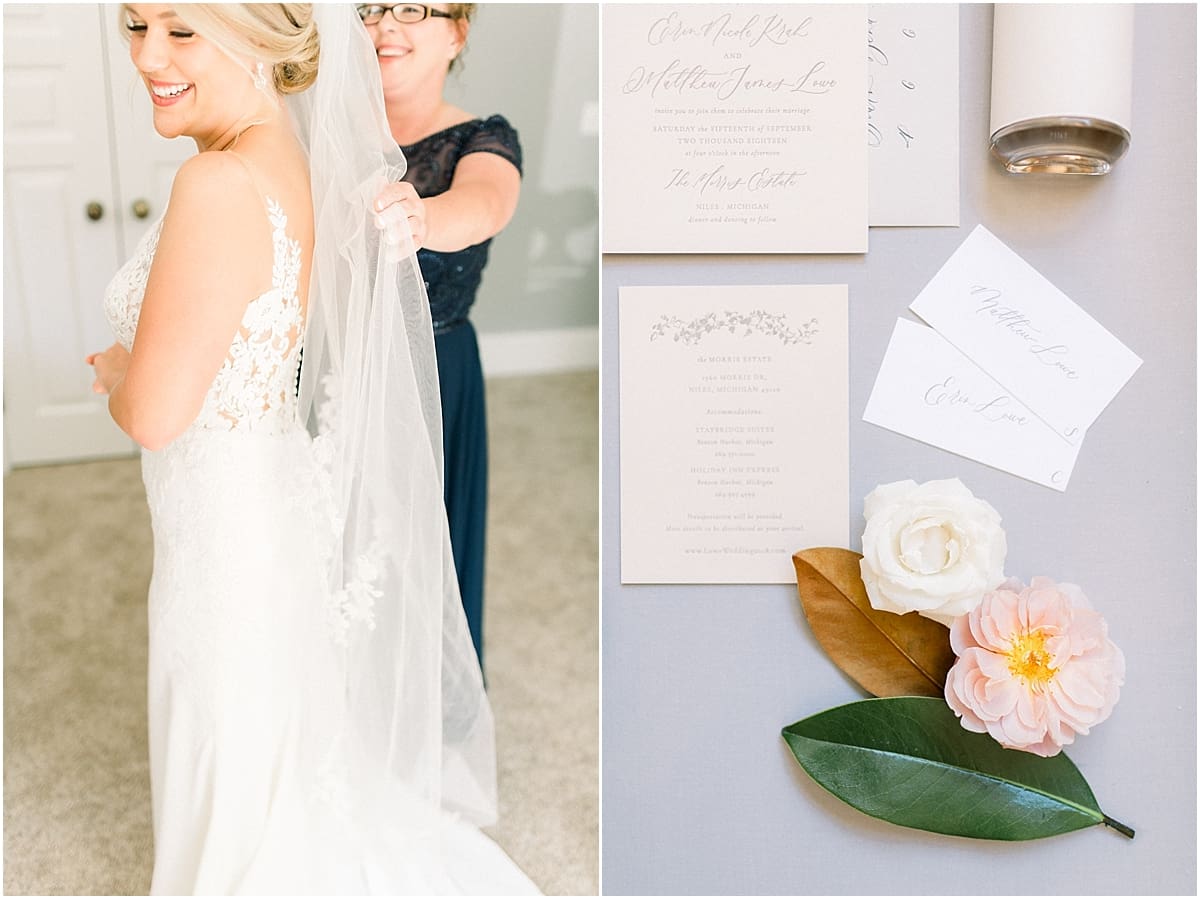 Arielle Peters Photography | Mother of the bride adjusting the bride's veil at The Morris Estate in Niles, Michigan on wedding day. 