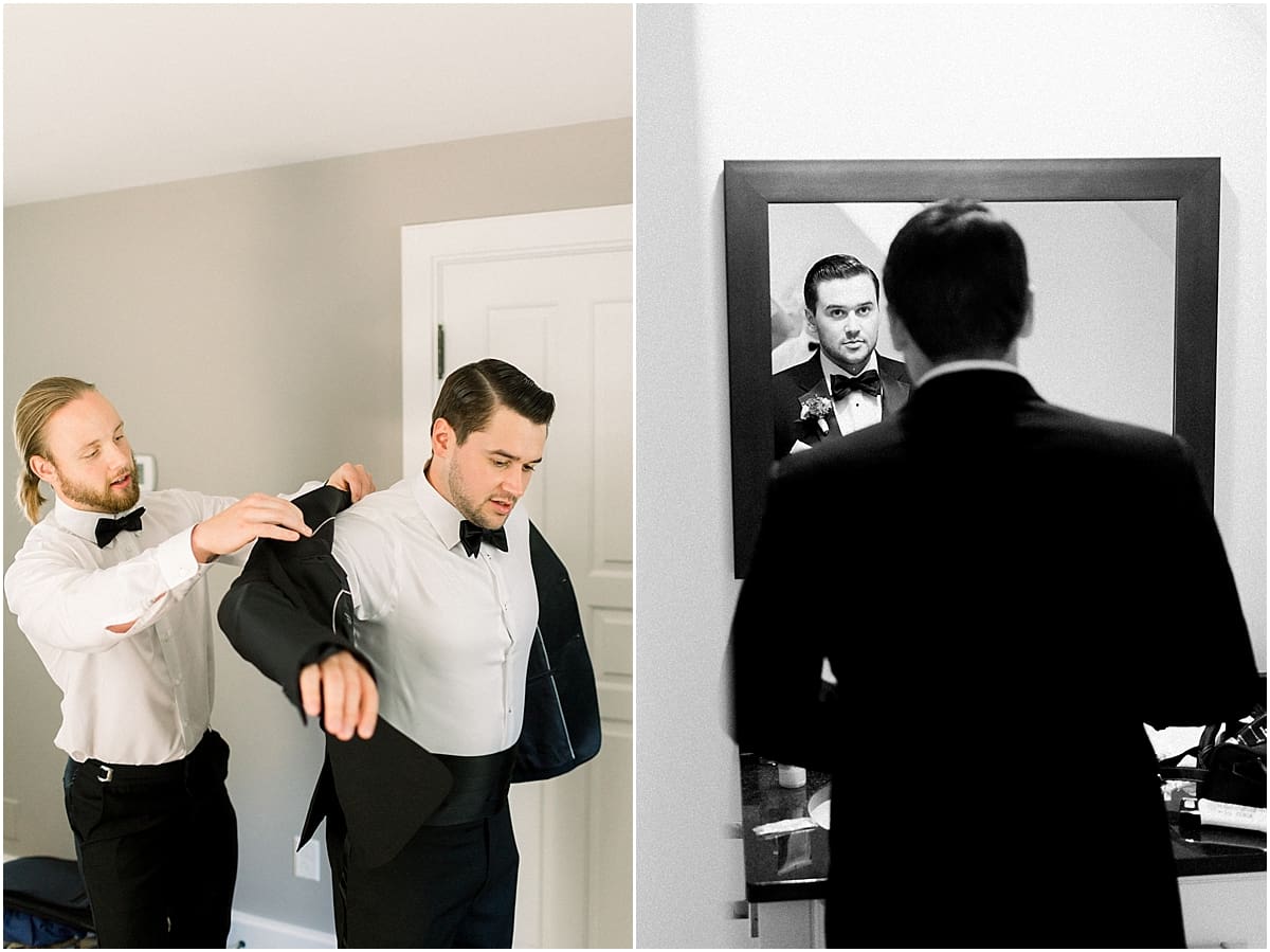 Arielle Peters Photography | Groomsman helping the groom put on his jacket at The Morris Estate in Niles, Michigan on wedding day. 