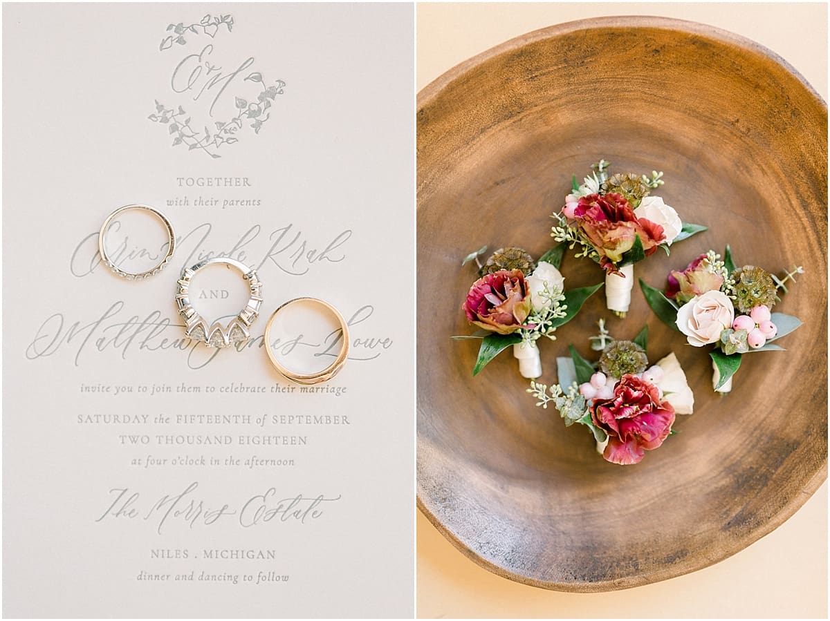 Arielle Peters Photography | Wedding rings and boutonnieres at The Morris Estate in Niles, Michigan on wedding day. 