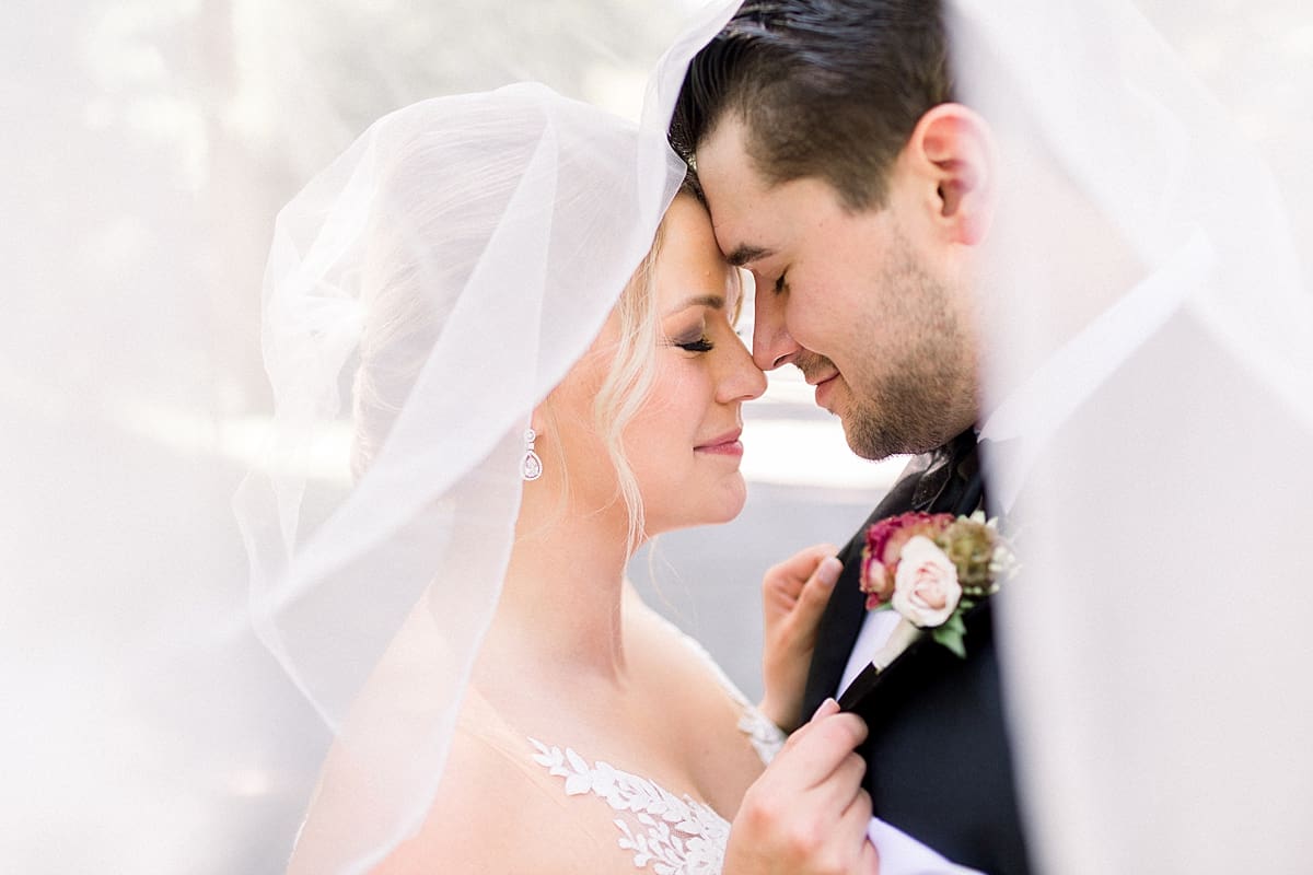Arielle Peters Photography | Bride and groom under the bride's veil on wedding day at The Morris Estate in Niles, Michigan on wedding day. 