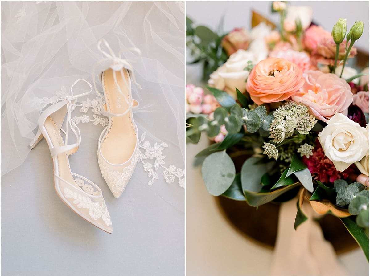 Arielle Peters Photography | Wedding shoes and veil next to wedding bouquet at The Morris Estate in Niles, Michigan on wedding day. 