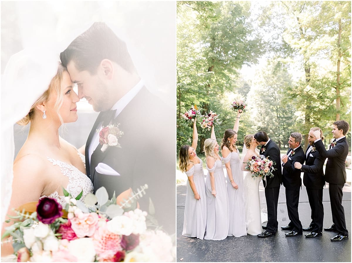 Arielle Peters Photography | Bride and groom kissing with wedding party cheering outside at The Morris Estate in Niles, Michigan on wedding day. 