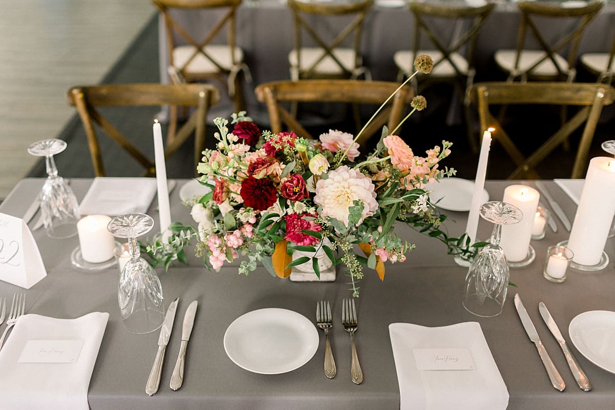 Arielle Peters Photography | Wedding reception table settings and floral arrangements at The Morris Estate in Niles, Michigan on wedding day.  