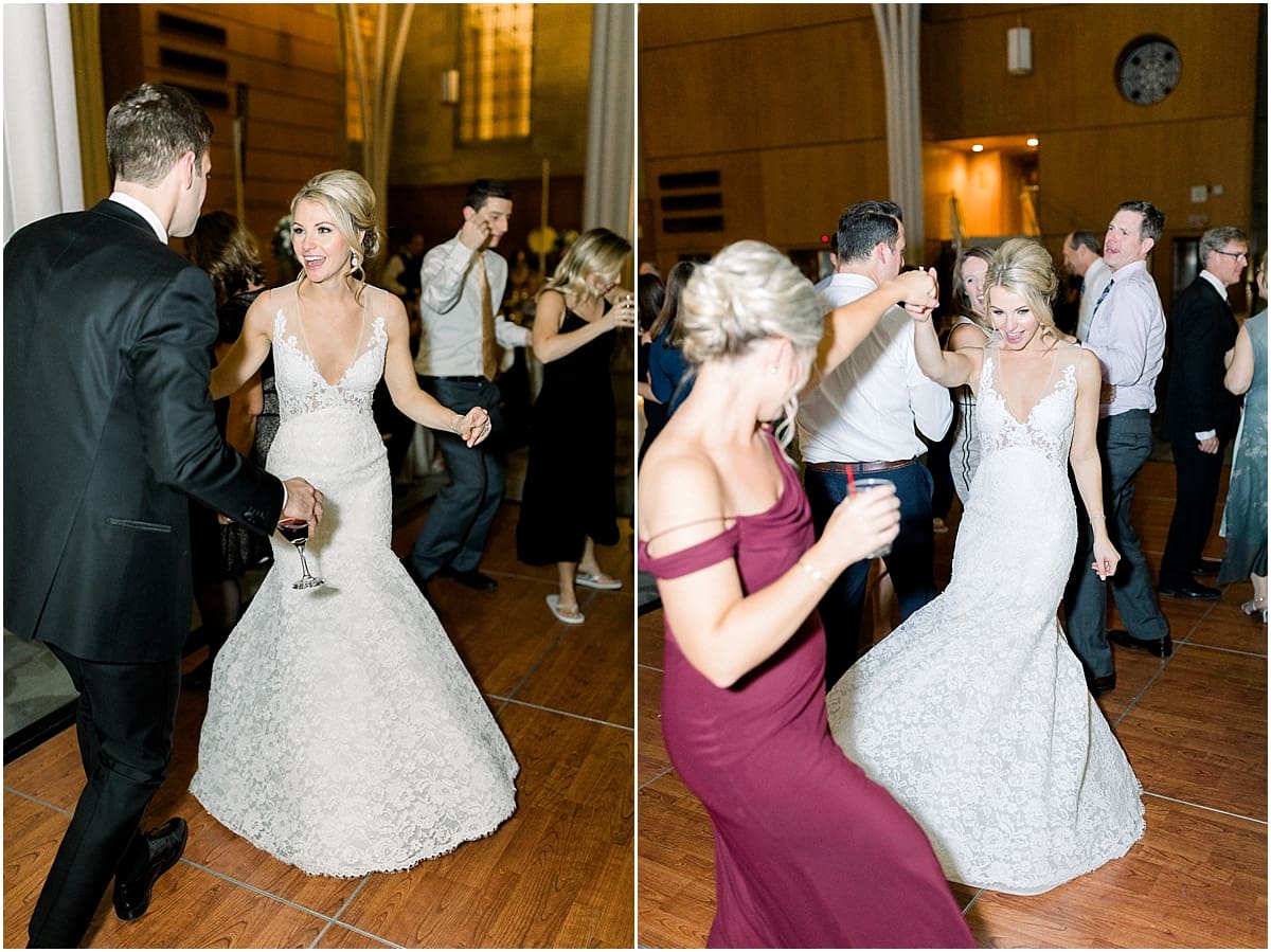 Arielle Peters Photography | Bride and groom dancing with guests and having fun at wedding reception in Indy Public Library in Indianapolis.