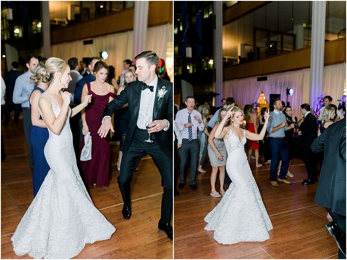 Arielle Peters Photography | Bride and groom dancing and having fun at wedding reception in Indy Public Library in Indianapolis.