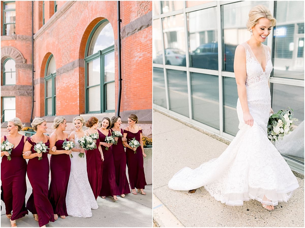 Arielle Peters Photography | Bride and bridesmaids walking downtown Indianapolis on wedding day.