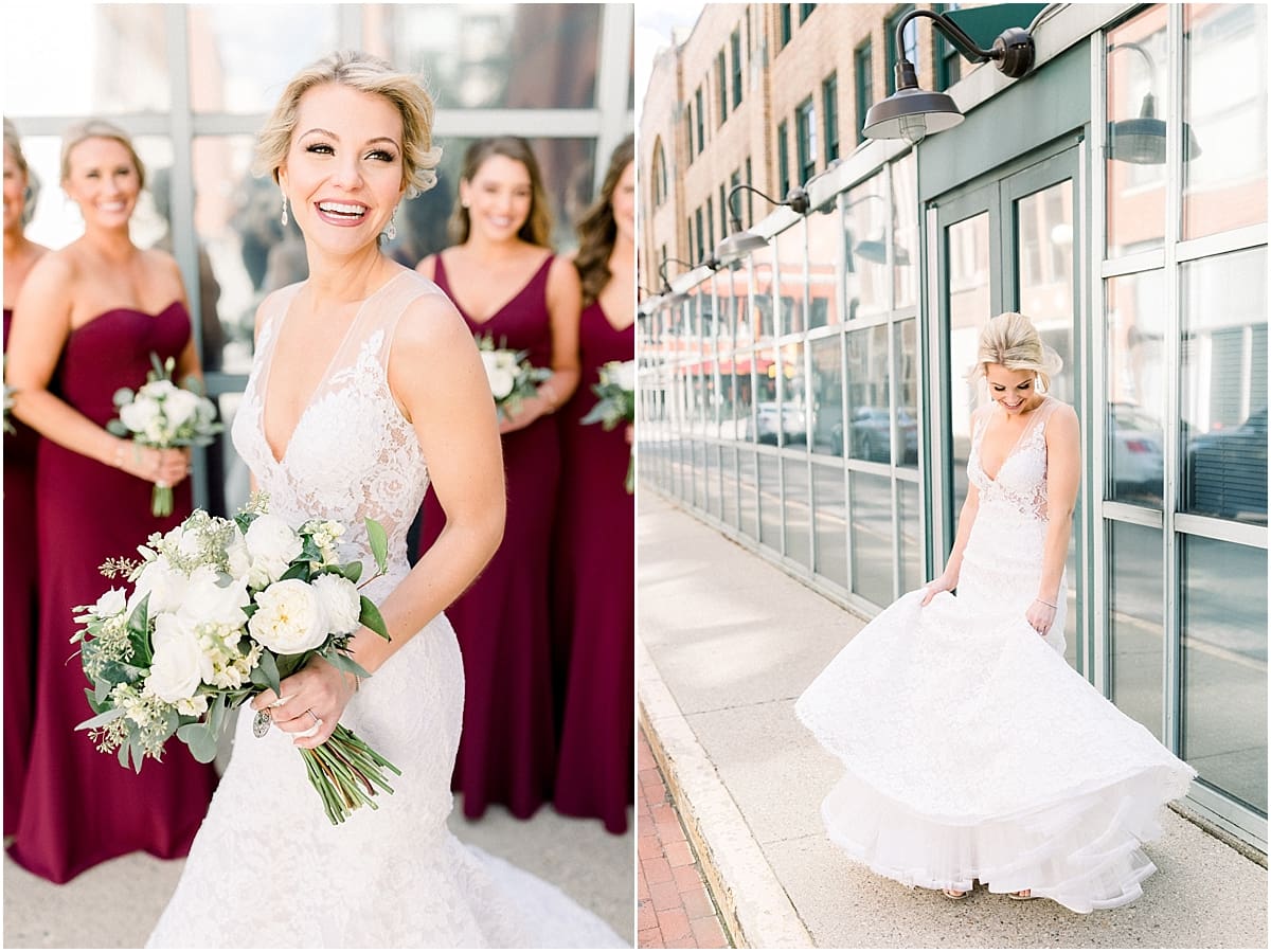 Arielle Peters Photography | Bride twirling downtown Indianapolis with bridesmaids on wedding day.