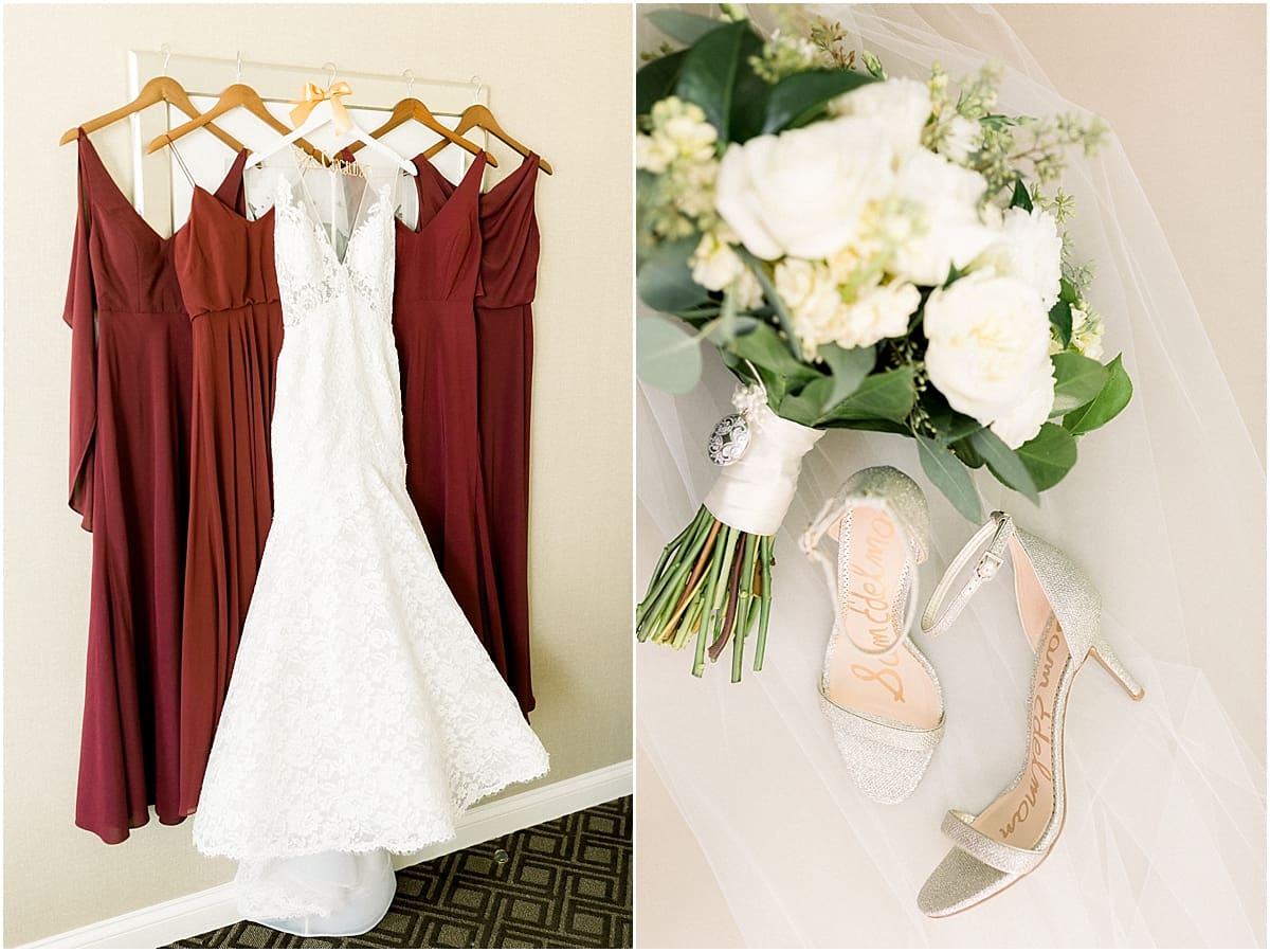 Arielle Peters Photography | Wedding dress hanging next to bridesmaids dresses in Indianapolis wedding. 