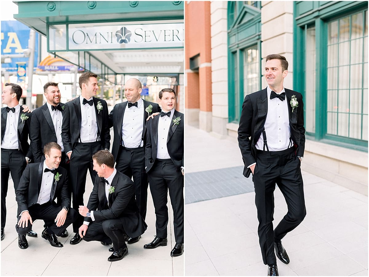 Arielle Peters Photography | Groom and groomsmen laughing downtown Indianapolis on wedding day.