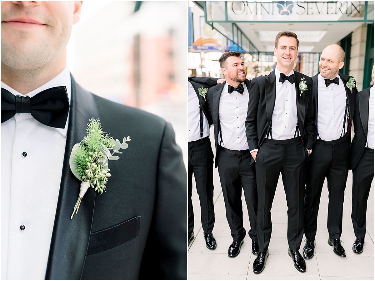 Arielle Peters Photography | Close up of groom's boutonnière downtown Indianapolis on wedding day.