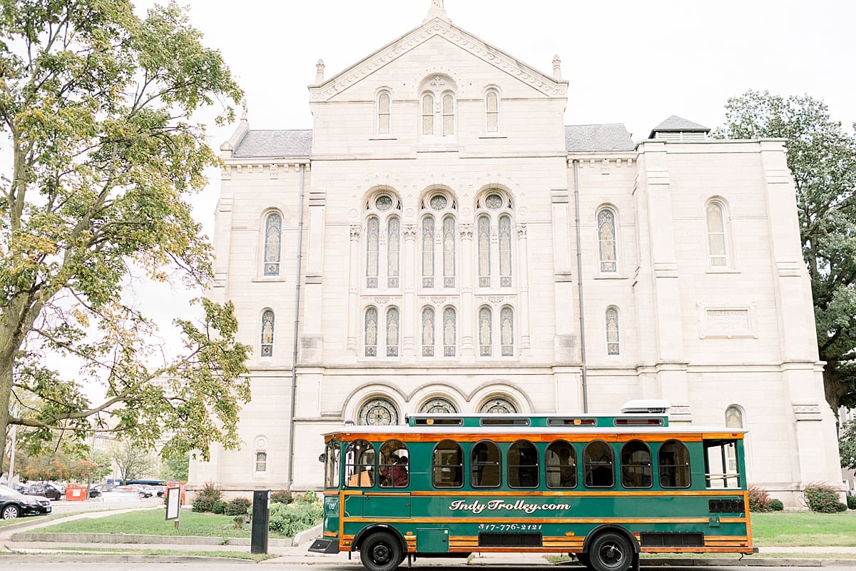 Arielle Peters Photography | Indy Trolley parked outside Roberts Park Church in Indianapolis on wedding day.