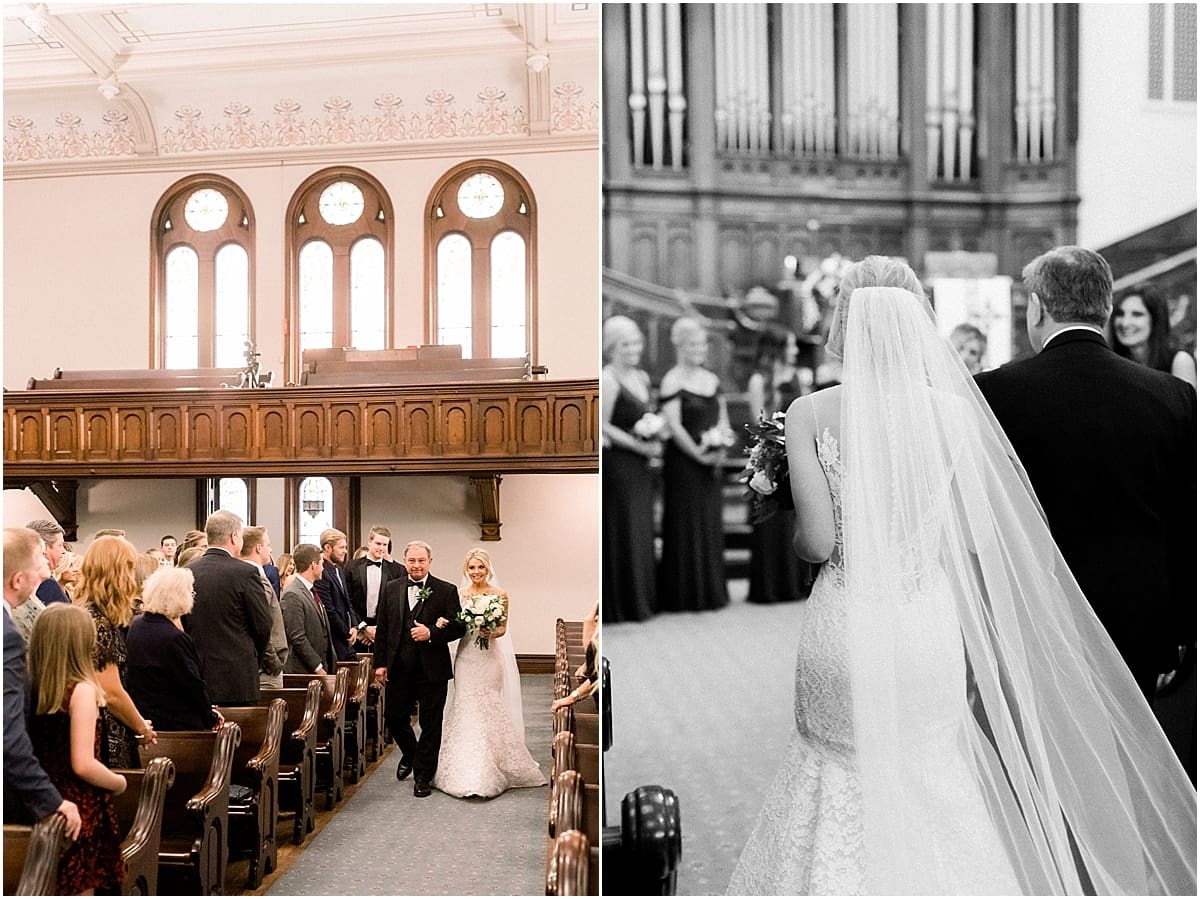 Arielle Peters Photography | Father of the bride walking the bride down the aisle in Roberts Park Church in Indianapolis on wedding day.