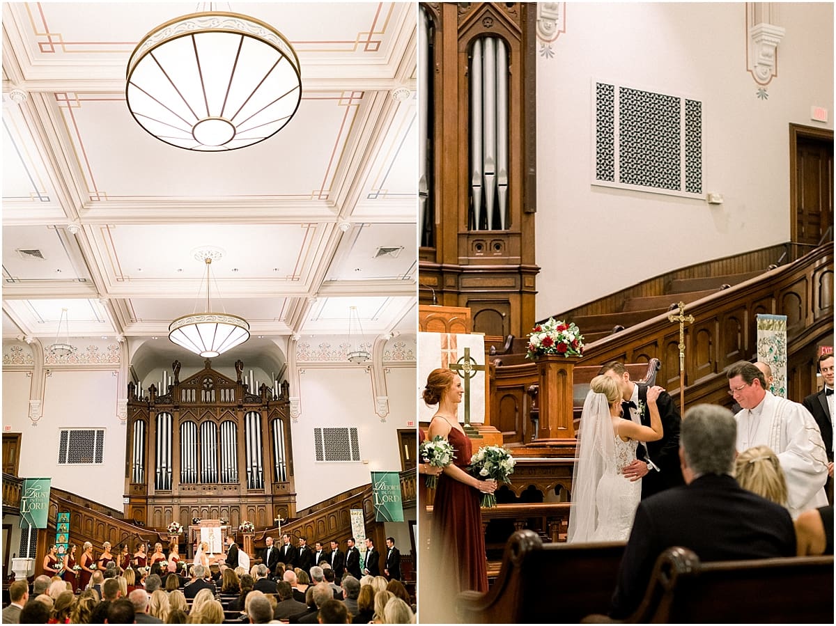 Arielle Peters Photography | Bride and groom kissing at the alter in Roberts Park Church in Indianapolis on wedding day.
