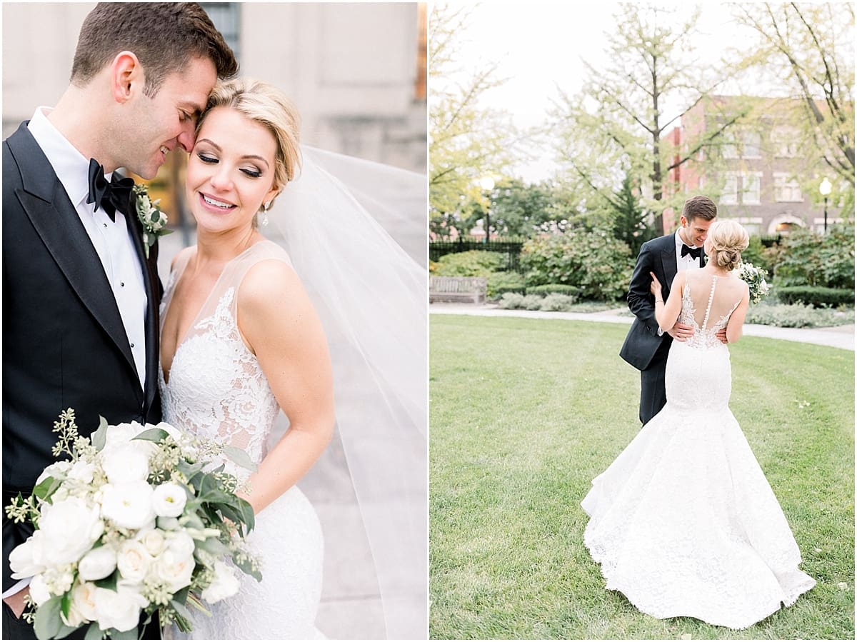 Arielle Peters Photography | Bride and groom in each other's arms downtown Indianapolis on wedding day.
