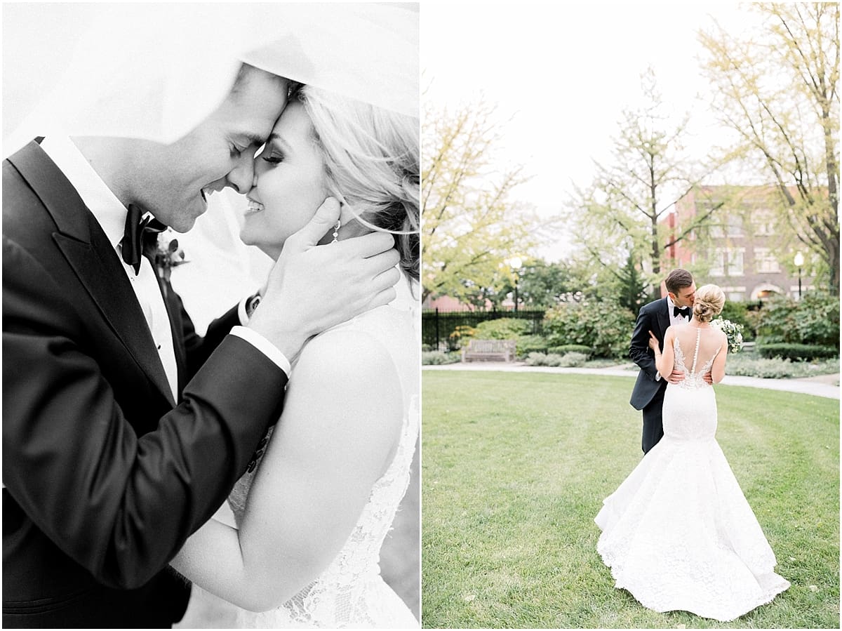 Arielle Peters Photography | Bride and groom kissing under flowing veil in downtown Indianapolis on wedding day.