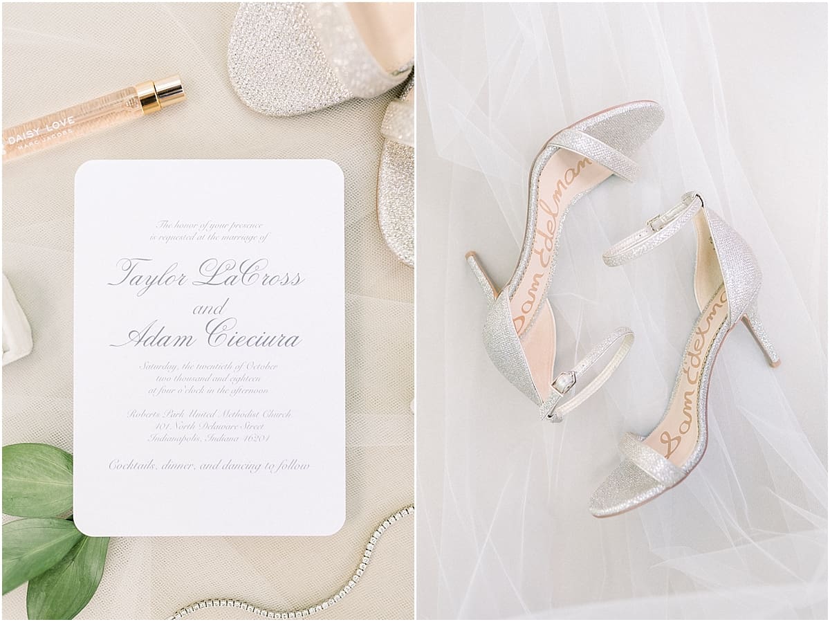 Arielle Peters Photography | Bride's shoes and veil on wedding invitation in Indianapolis wedding.