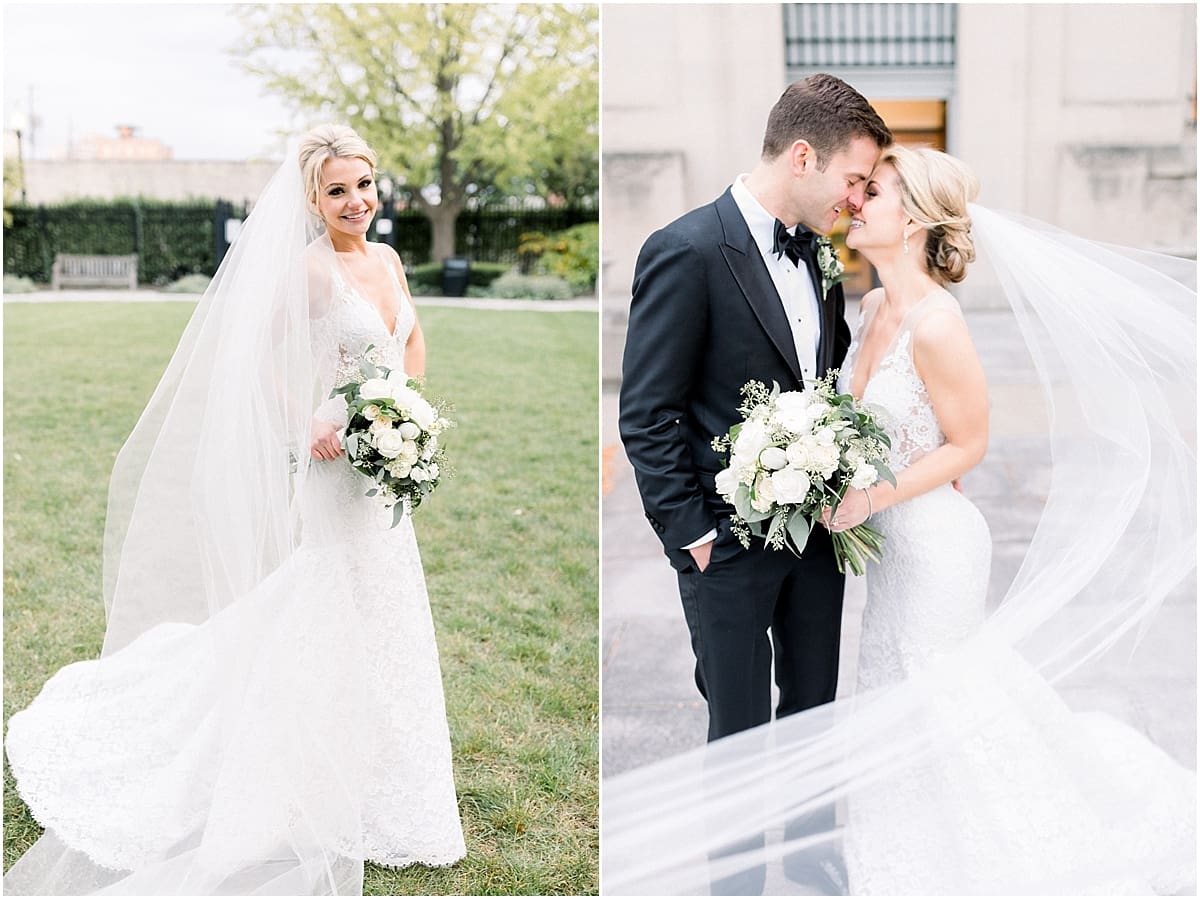 Arielle Peters Photography | Bride and groom smiling with flowing veil in downtown Indianapolis on wedding day.