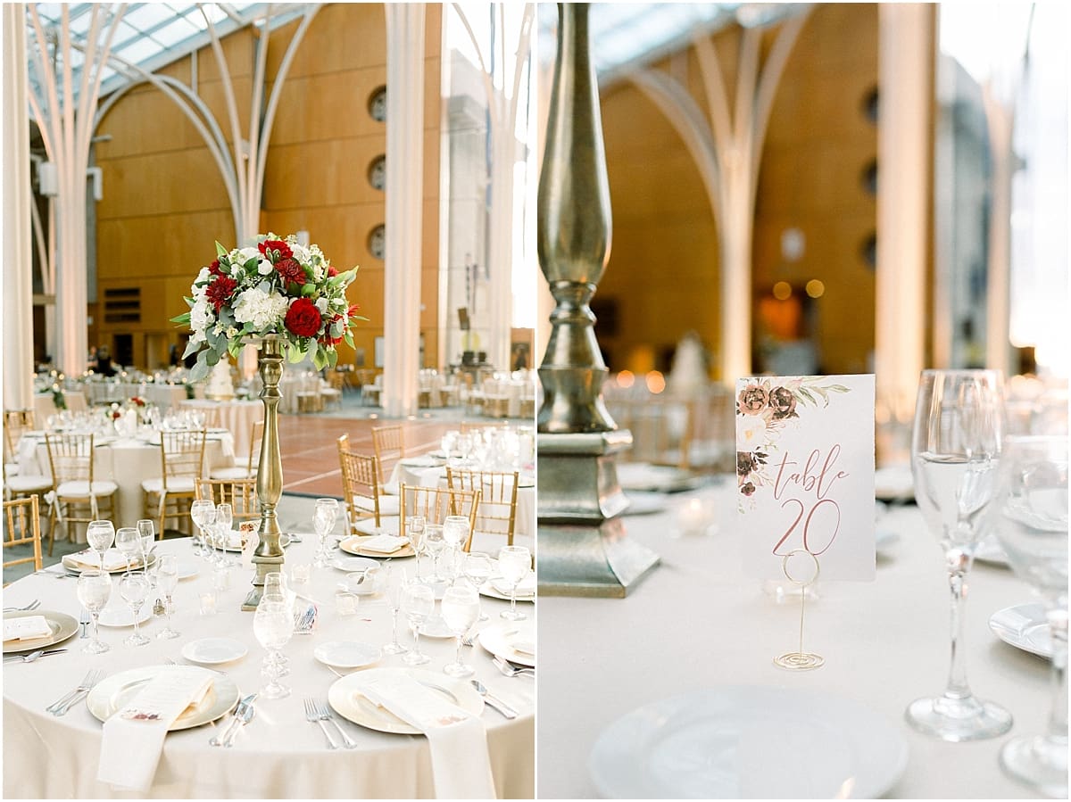 Arielle Peters Photography | Wedding reception table settings and floral arrangements at the Indy Public Library in Indianapolis.