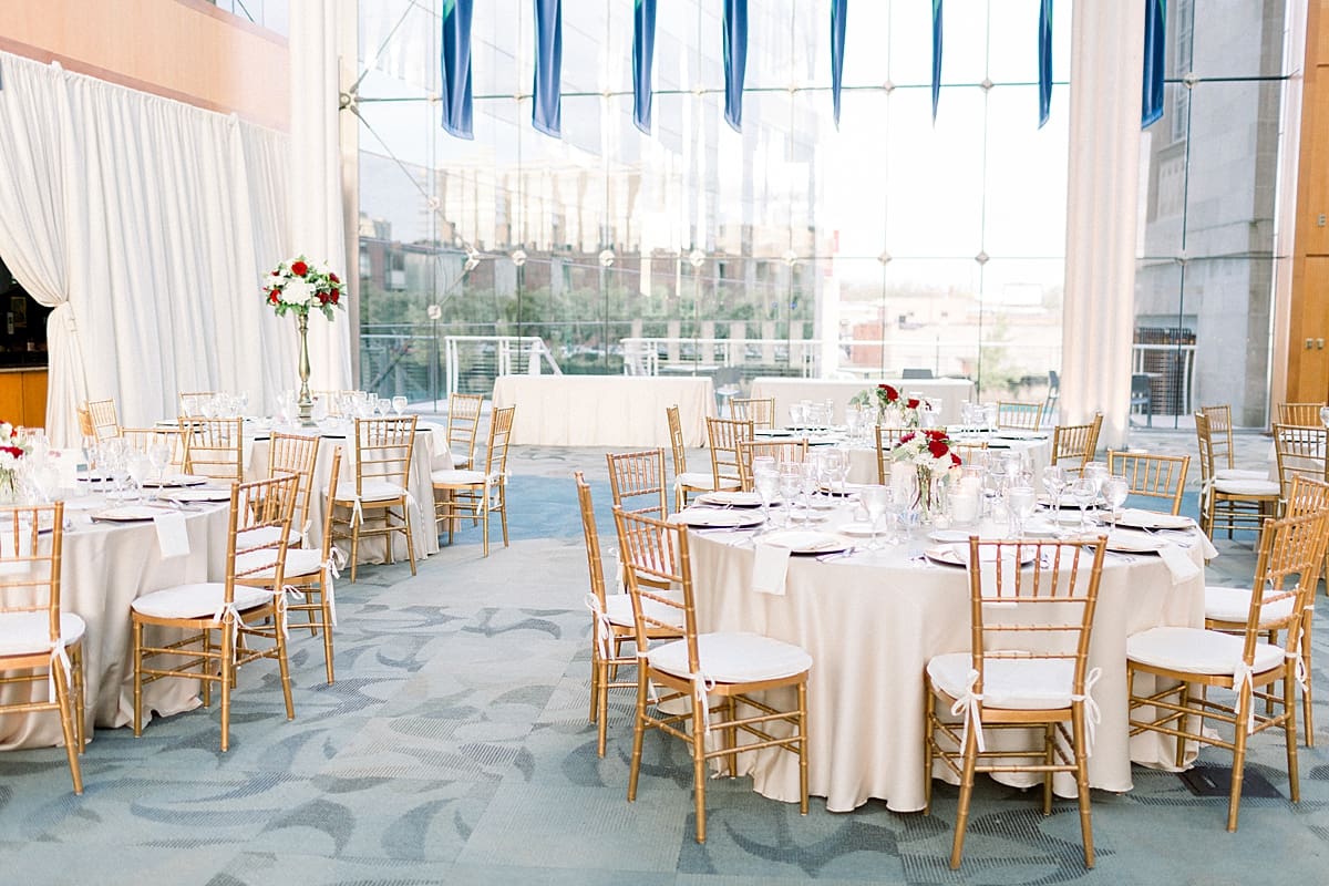 Arielle Peters Photography | Wedding reception table settings and floral arrangements at the Indy Public Library in Indianapolis.