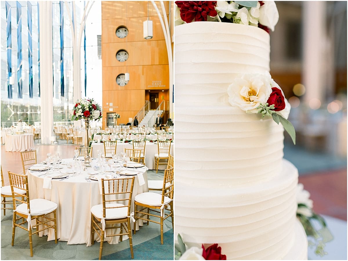 Arielle Peters Photography | Wedding cake table settings and floral arrangements at the Indy Public Library in Indianapolis.