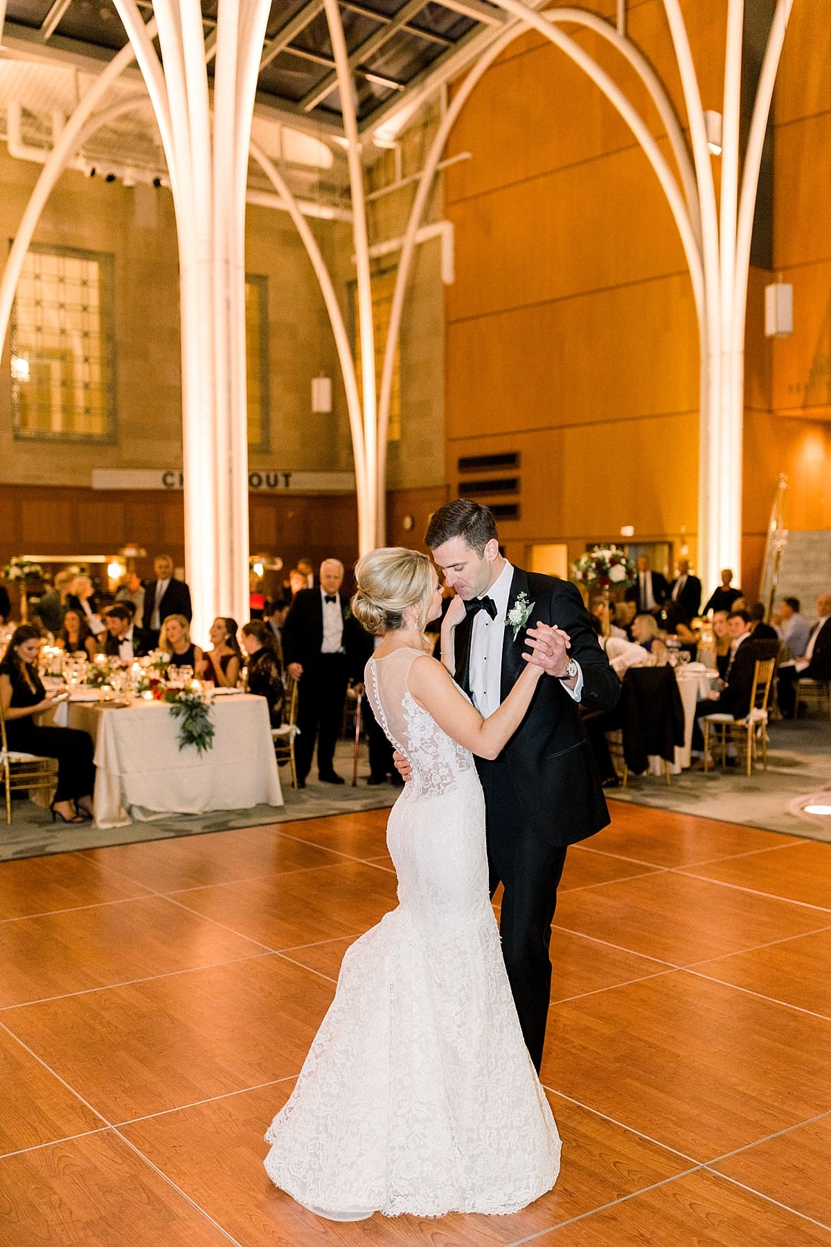 Arielle Peters Photography | Bride and groom sharing their first dance at wedding reception inside Indy Public Library in Indianapolis.