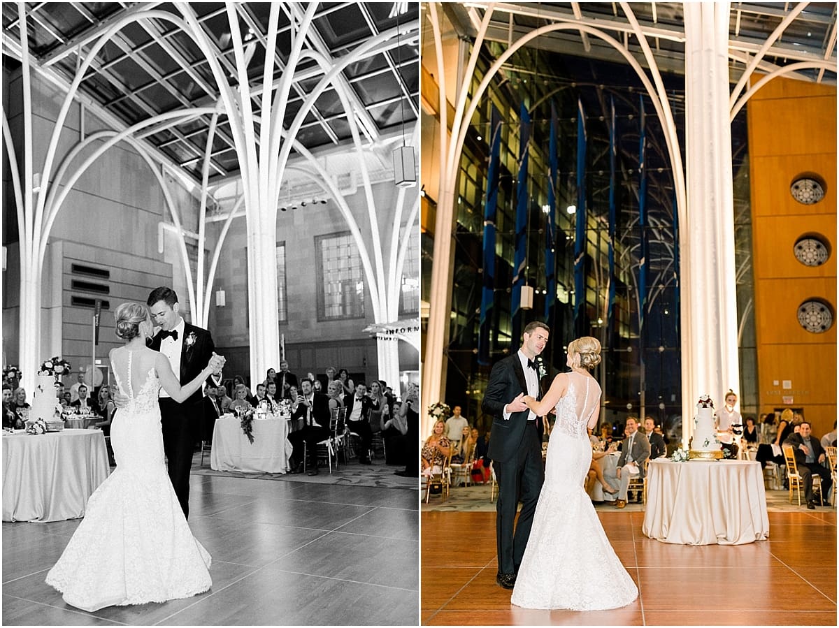 Arielle Peters Photography | Bride and groom sharing their first dance at wedding reception inside Indy Public Library in Indianapolis.