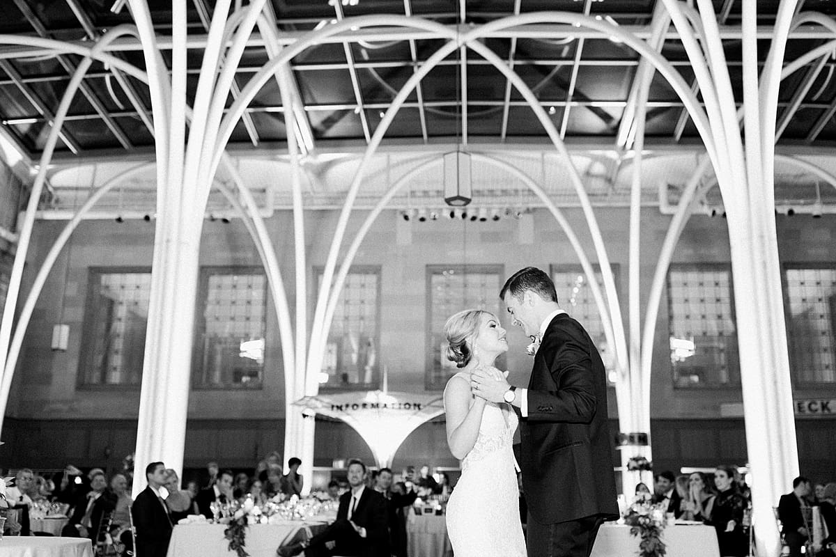 Arielle Peters Photography | Bride and groom sharing their first dance at wedding reception inside Indy Public Library in Indianapolis.