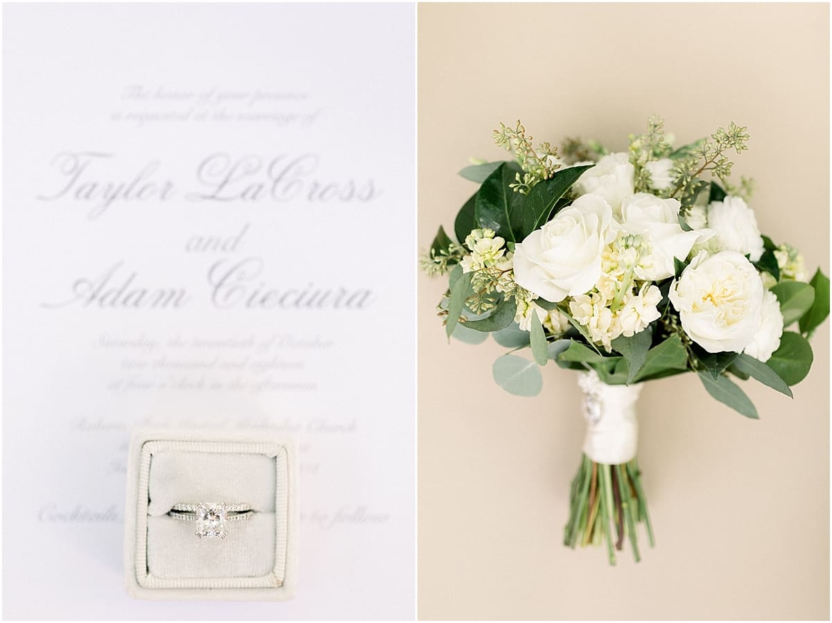 Arielle Peters Photography | Wedding rings and bridal bouquet on wedding day in Indianapolis.