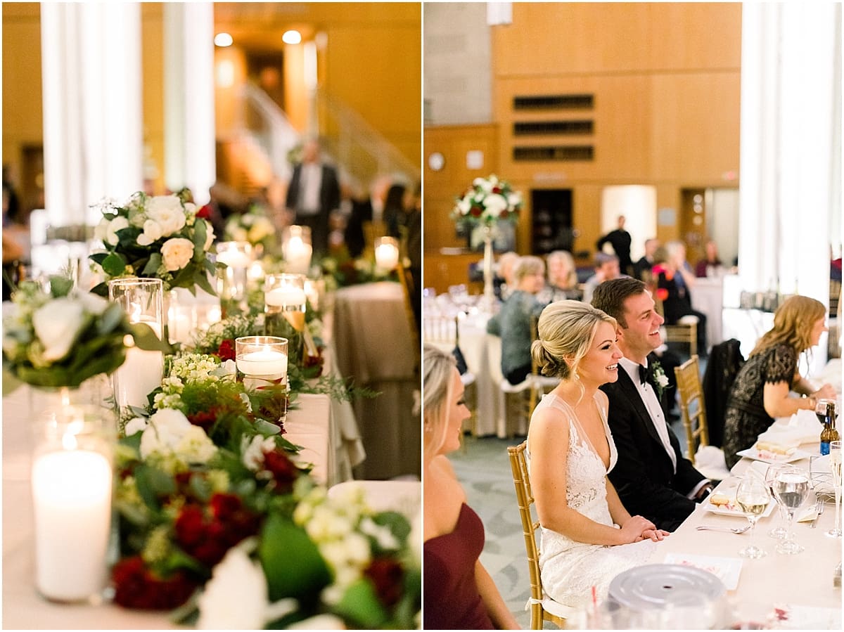 Arielle Peters Photography | Bride and groom laughing at head table at wedding reception at Indy Public Library in Indianapolis.