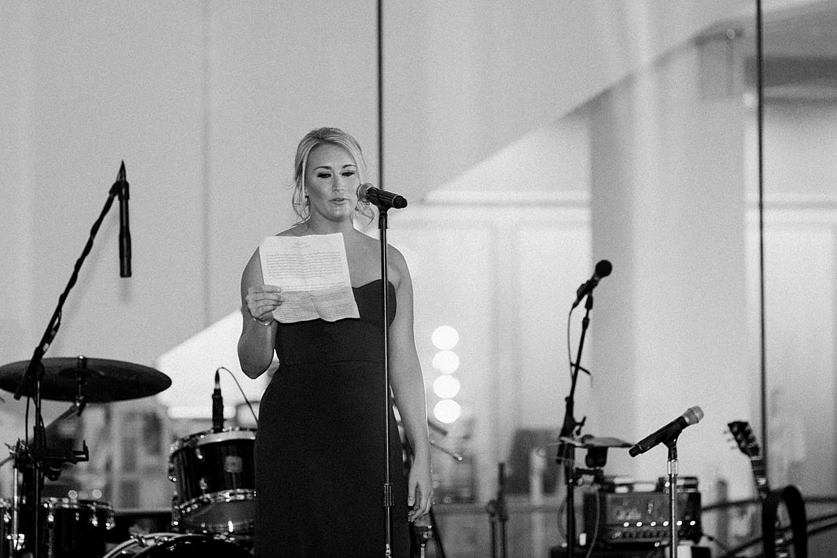 Arielle Peters Photography | Maid of Honor giving speech at wedding reception at Indy Public Library in Indianapolis.