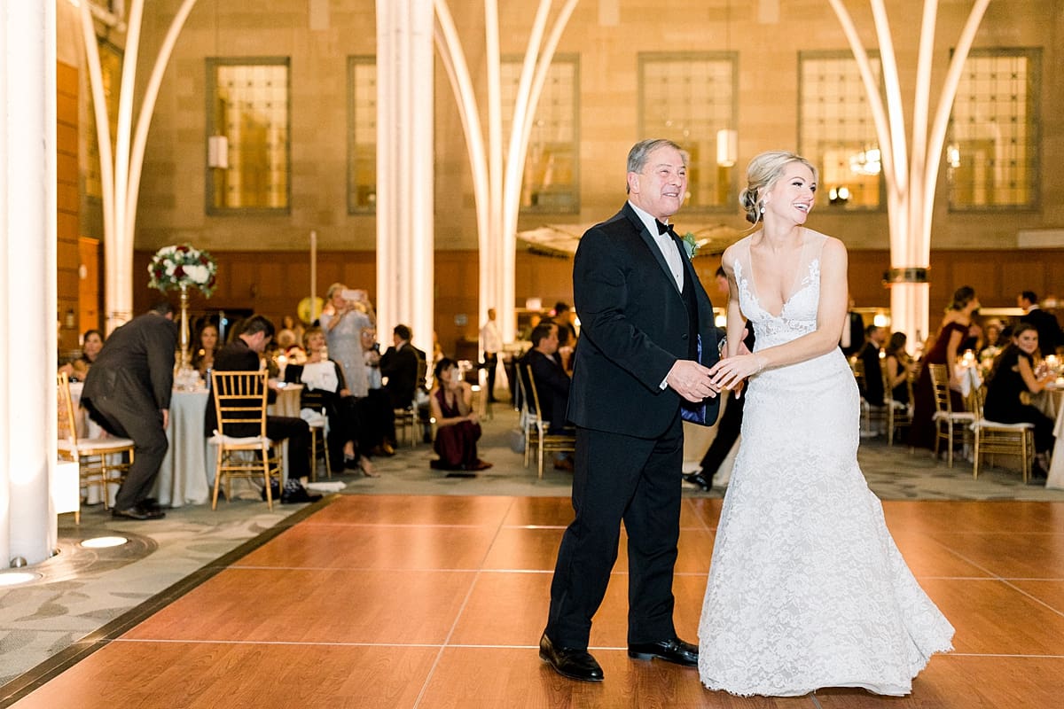Arielle Peters Photography | Father of the bride and bride sharing a dance at wedding reception in Indy Public Library in Indianapolis.