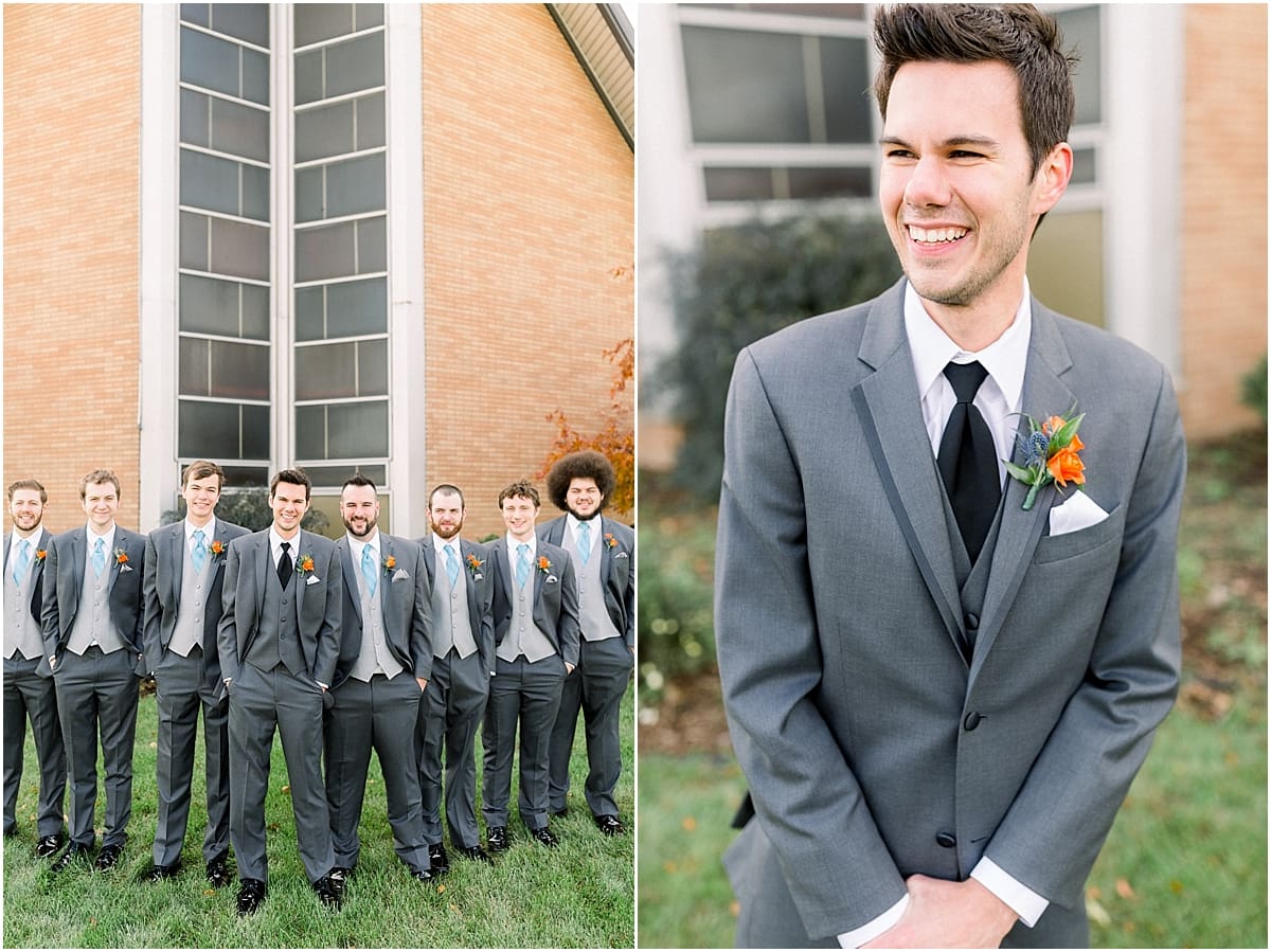 Arielle Peters Photography | Groom and groomsmen lined up smiling outside on fall wedding day.