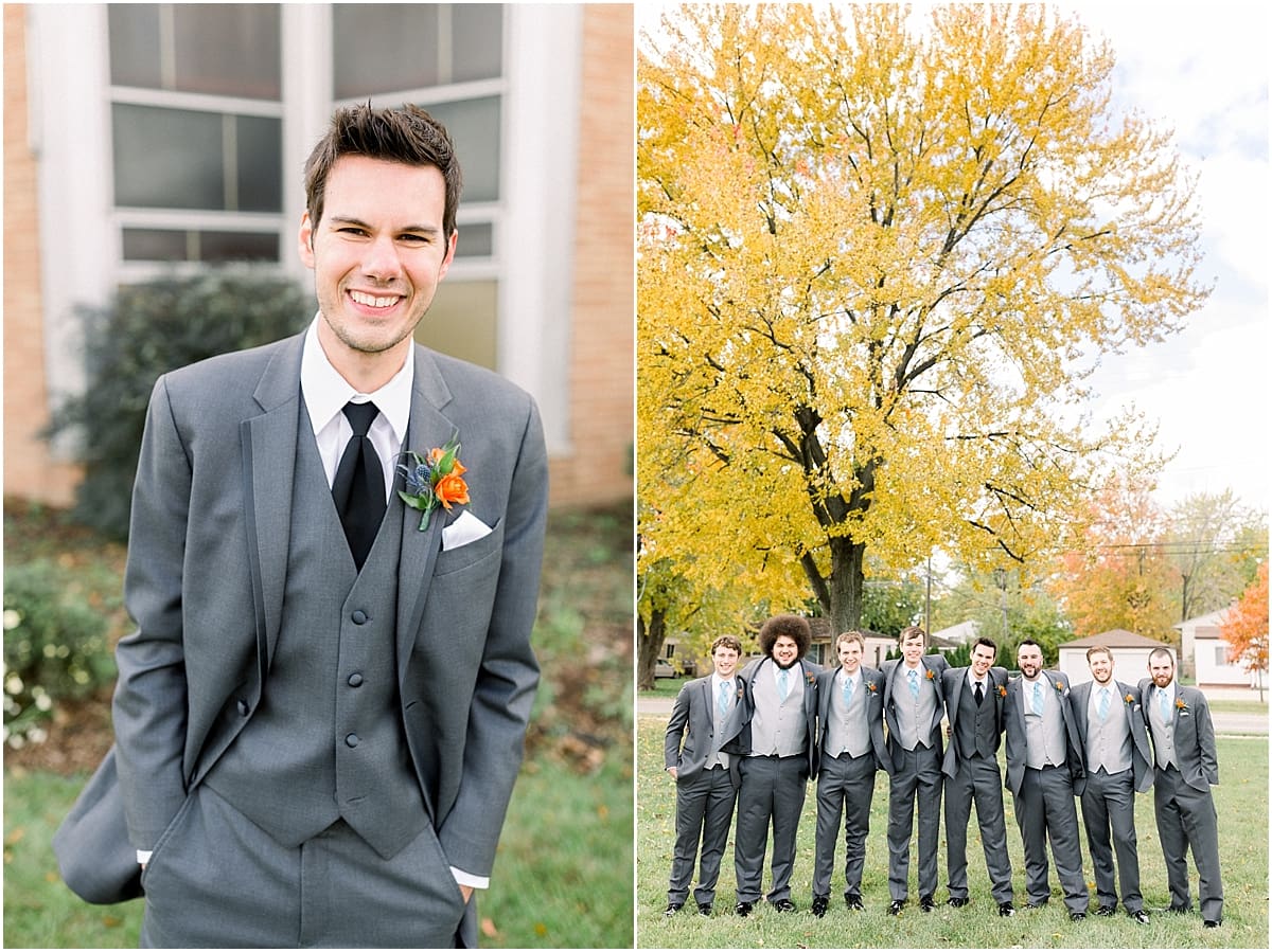 Arielle Peters Photography | Groom and groomsmen lined up and smiling outside on fall wedding day.