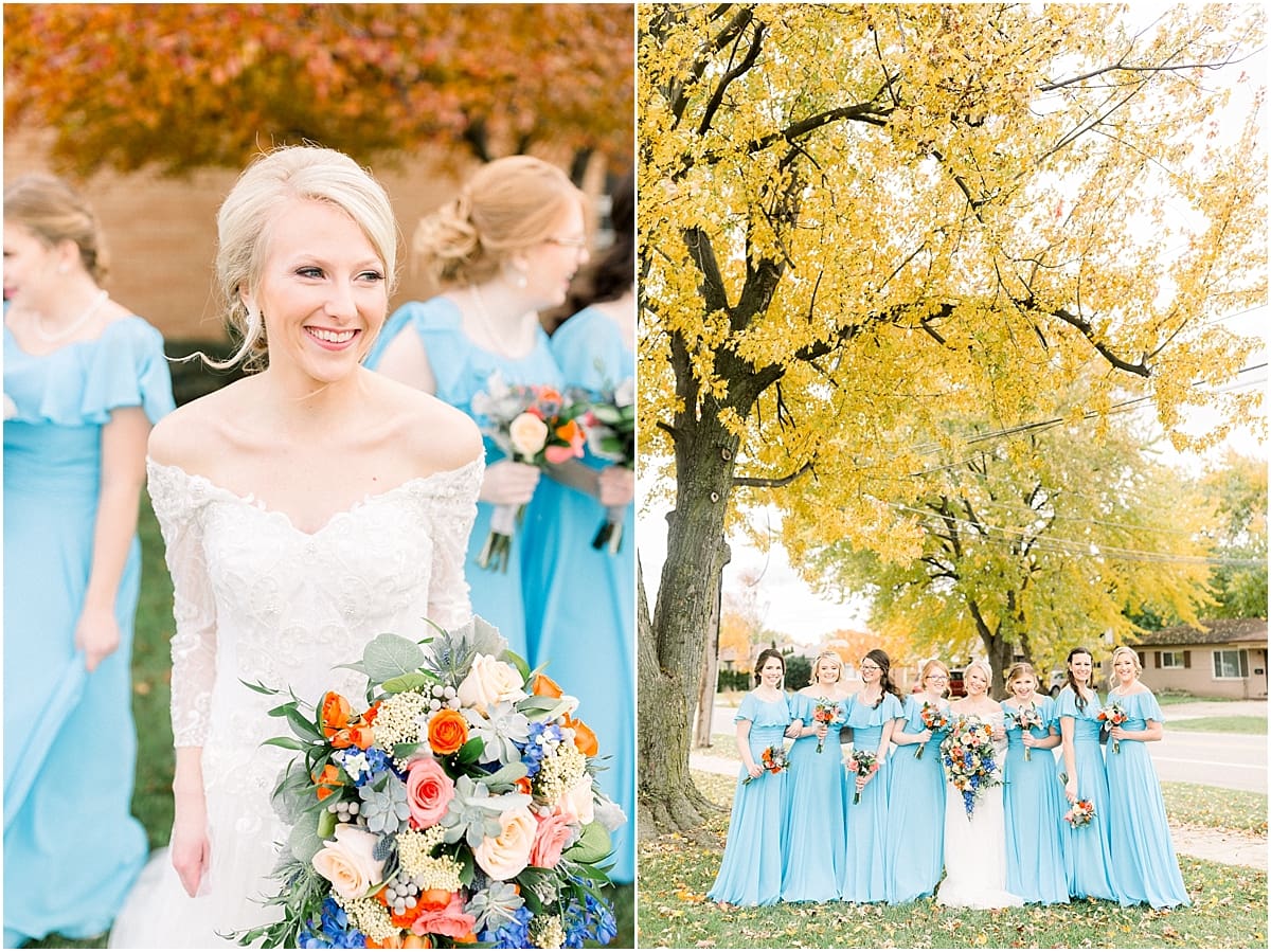 Arielle Peters Photography | Bride and bridesmaids lined up with bouquets smiling outside on fall wedding day.