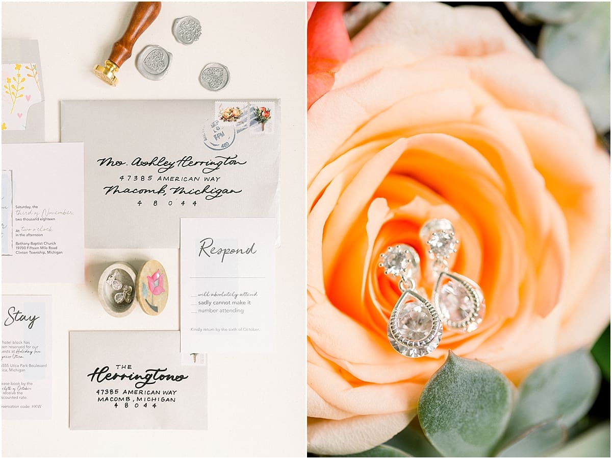 Arielle Peters Photography | Wedding diamond jewelry and invitations on roses on fall wedding day.