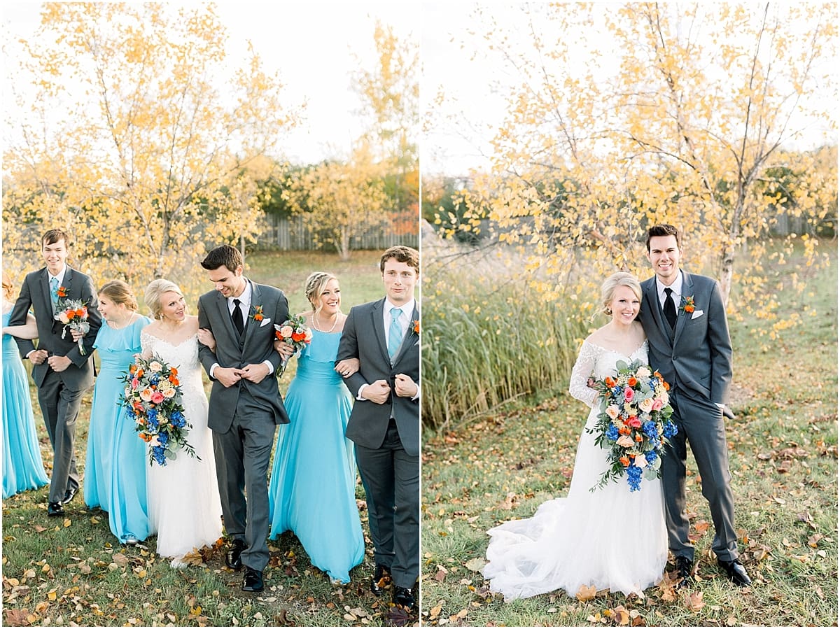 Arielle Peters Photography | Bride and groom walking with wedding party outside on fall wedding day.