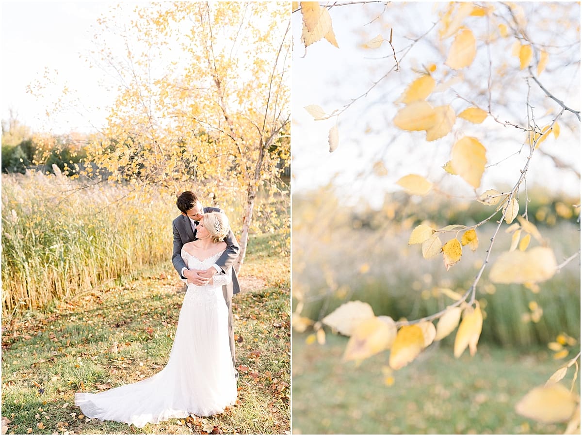 Arielle Peters Photography | Bride and groom kissing outside in filed on fall wedding day.