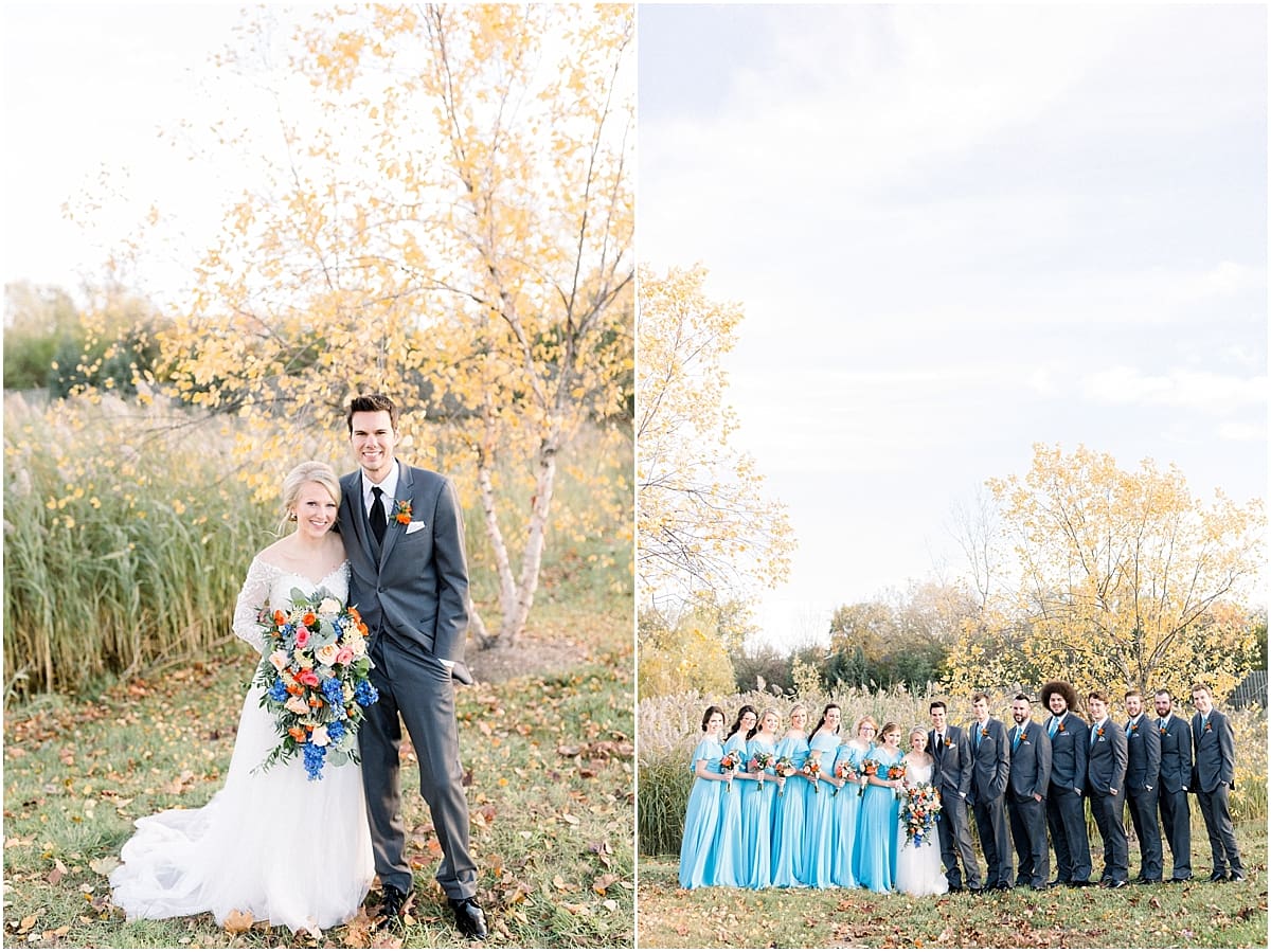 Arielle Peters Photography | Bride and groom lined up with wedding party on fall wedding day.