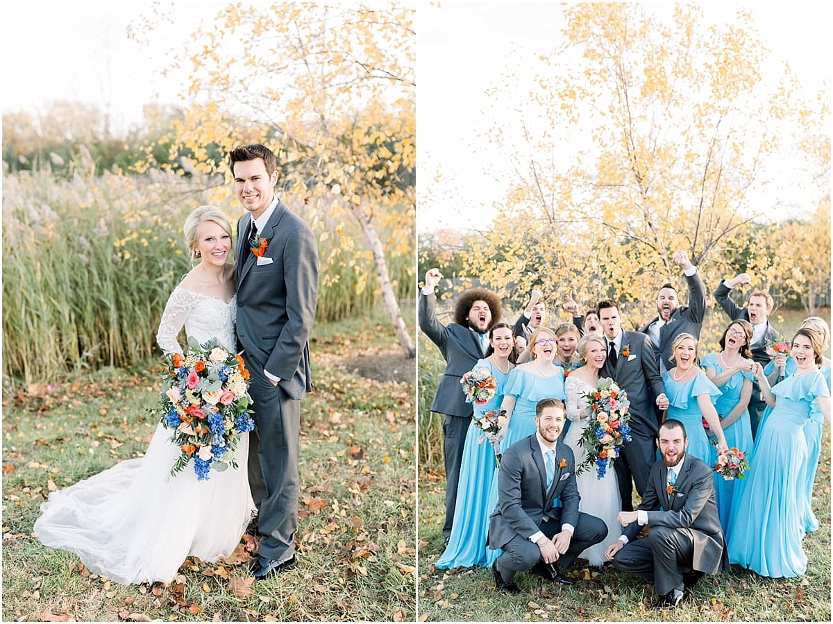 Arielle Peters Photography | Bride and groom cheering with wedding party outside on fall wedding day.