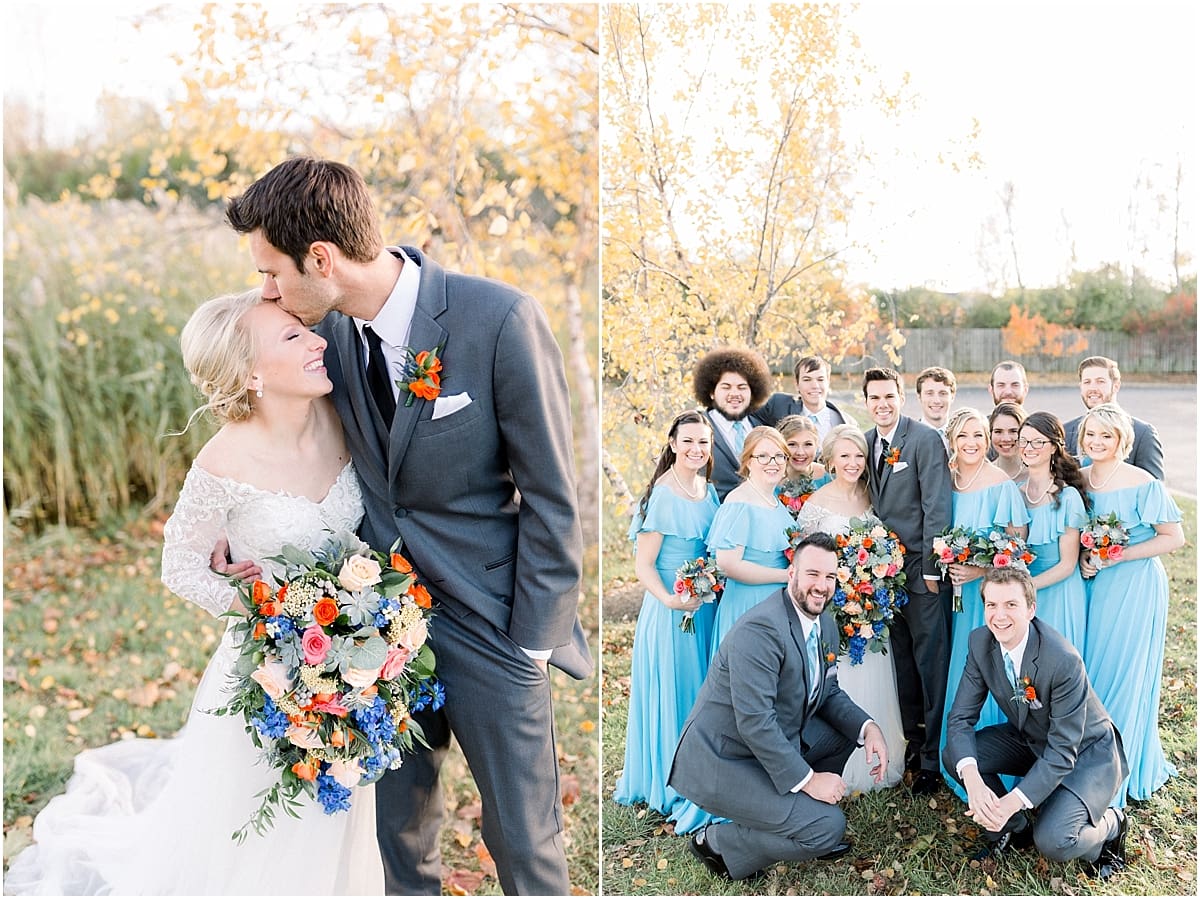 Arielle Peters Photography | Bride and groom smiling with wedding party outside in a field on fall wedding day.
