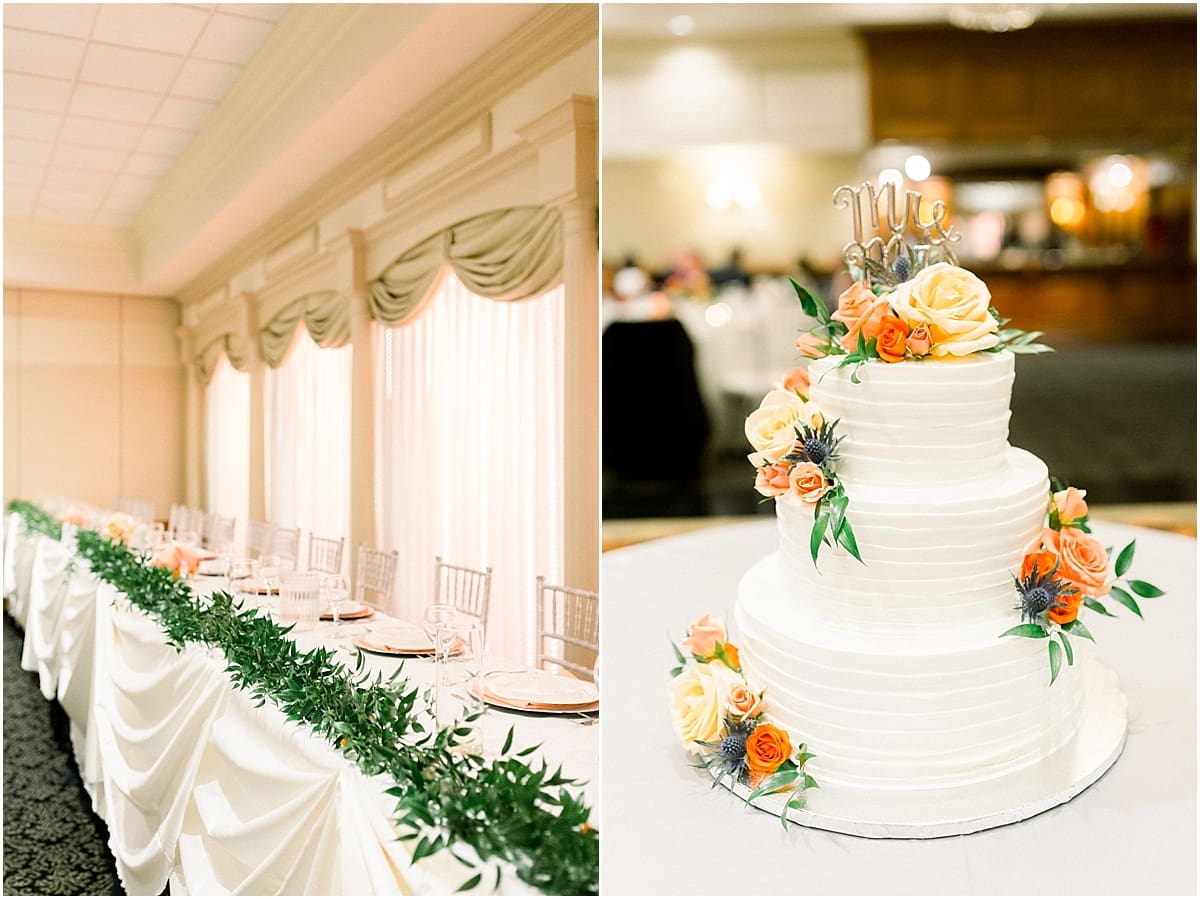 Arielle Peters Photography | Fall wedding table settings and wedding cake at reception venue.