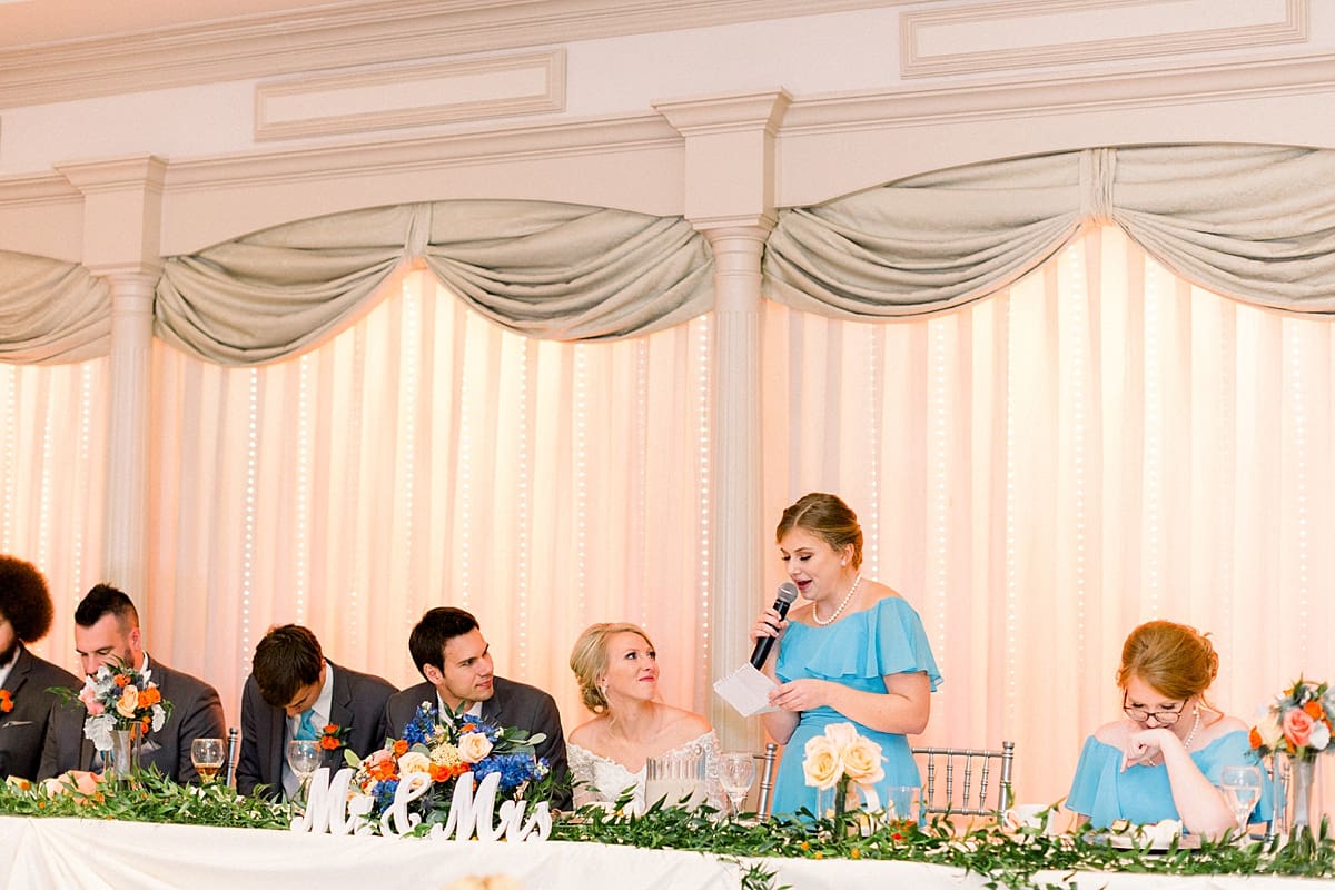 Arielle Peters Photography | Maid of honor giving speech at fall wedding reception.