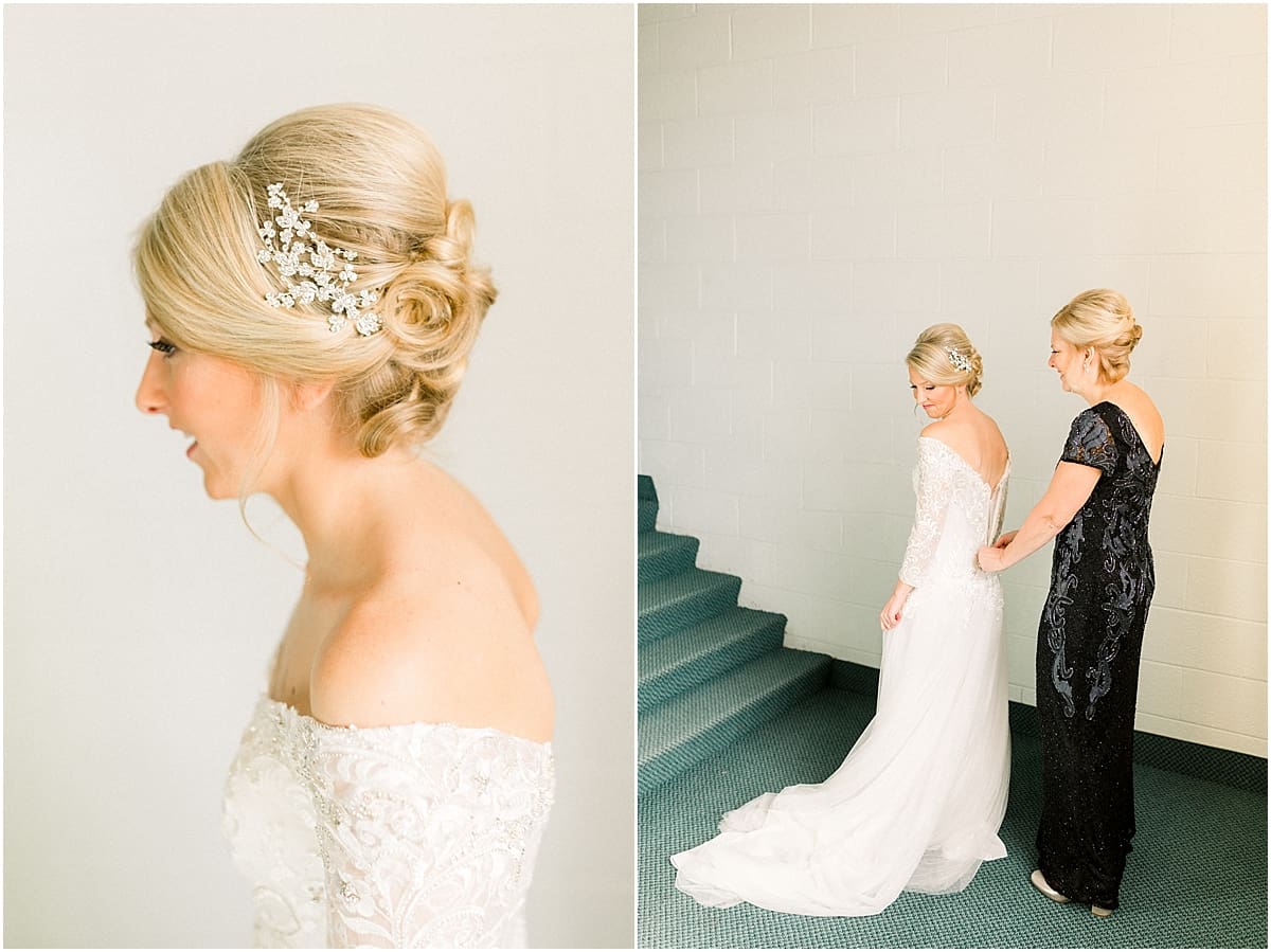 Arielle Peters Photography | Mother of the bride zipping up the bride's wedding dress on her fall wedding day.