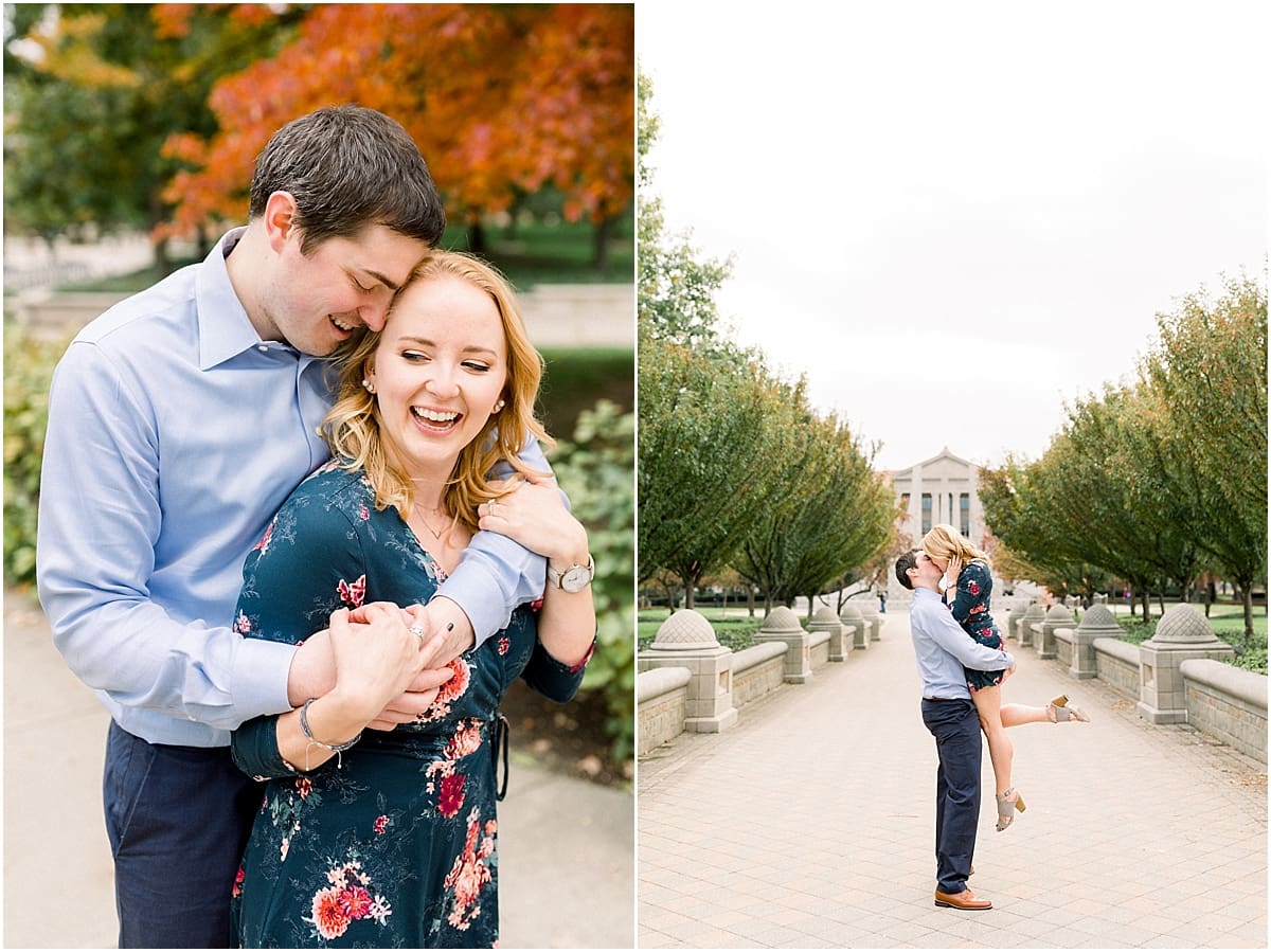 Arielle Peters Photography | Couple laughing and taking fall engagement photos at Purdue University.