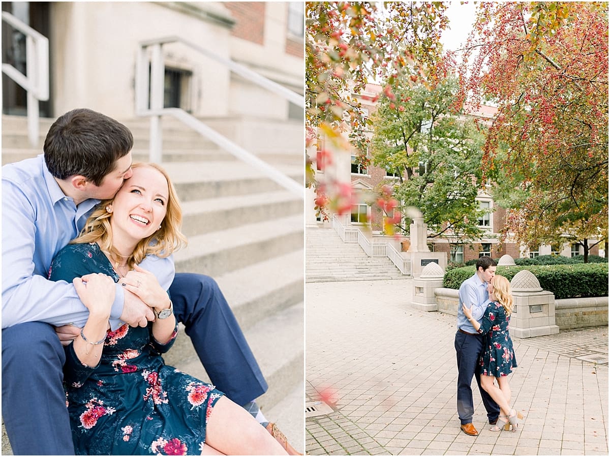 Arielle Peters Photography | Couple kissing and taking fall engagement photos at Purdue University.