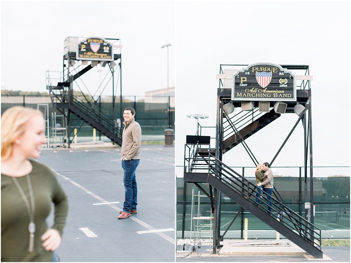 Arielle Peters Photography | Couple kissing and taking fall engagement photos at Purdue University.