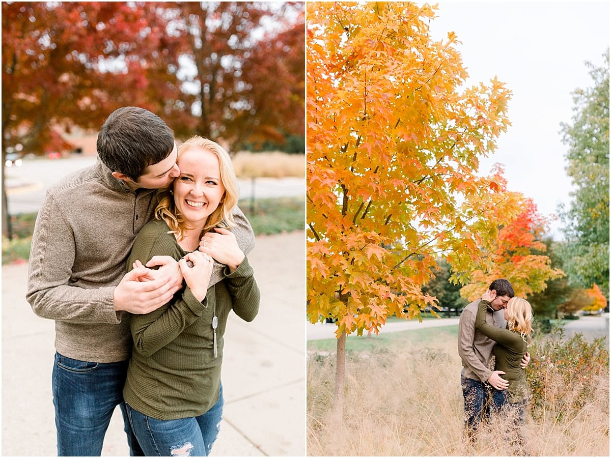 Arielle Peters Photography | Couple laughing and taking fall engagement photos in a field at Purdue University.